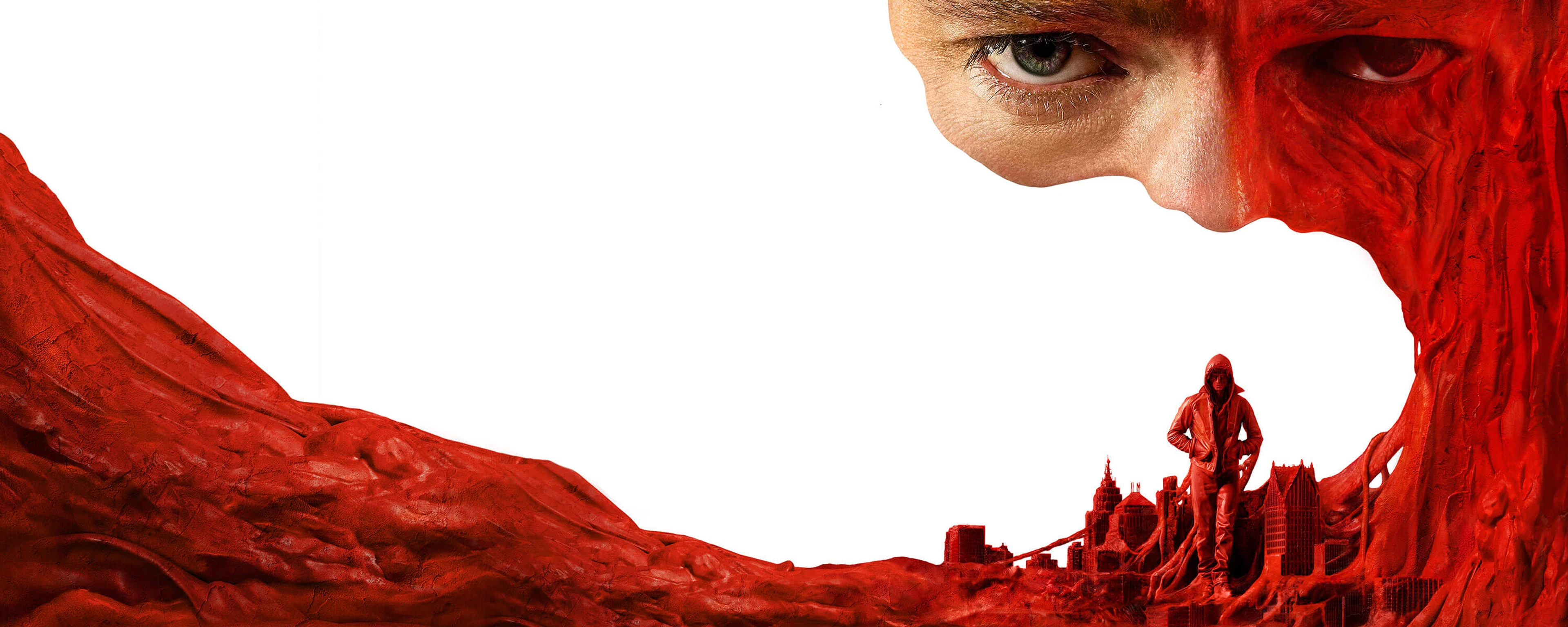 Matt Hagen’s face emerges above a red, liquid-like form in official key art for Clayface.