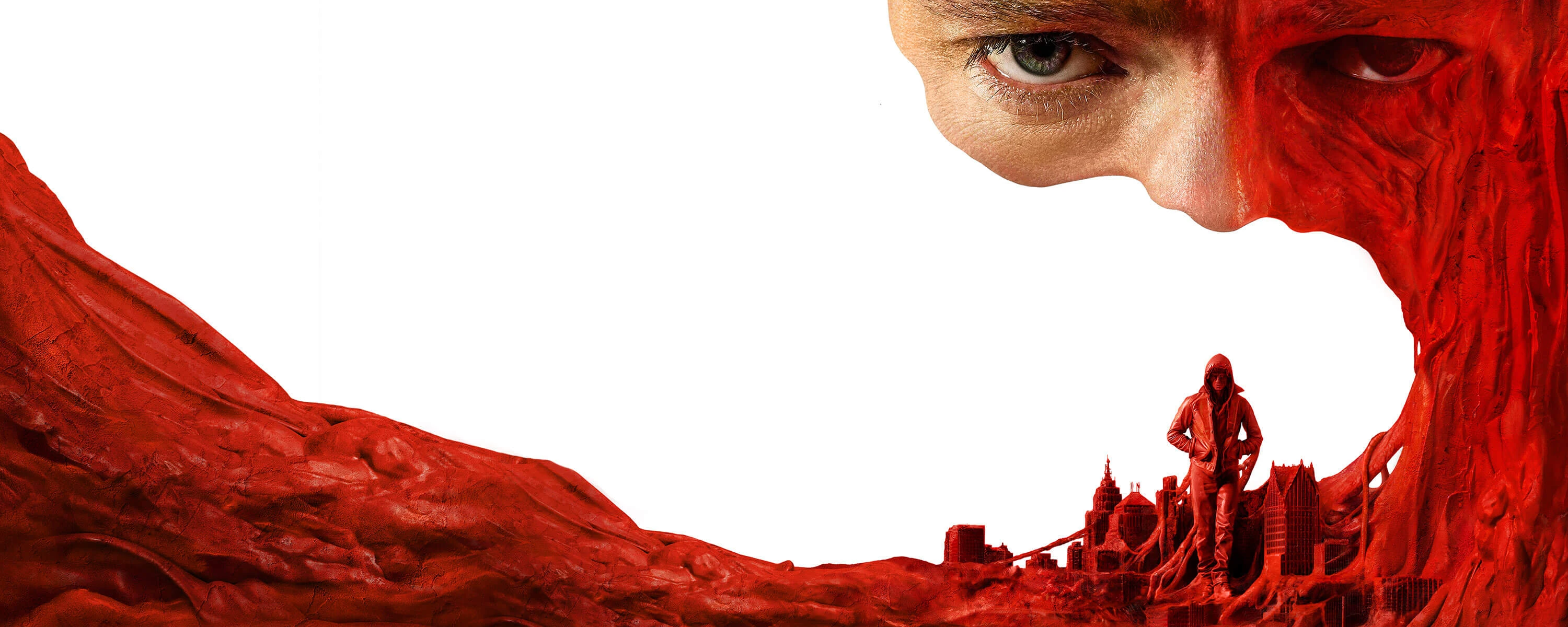 Matt Hagen’s face emerges above a red, liquid-like form in official key art for Clayface.