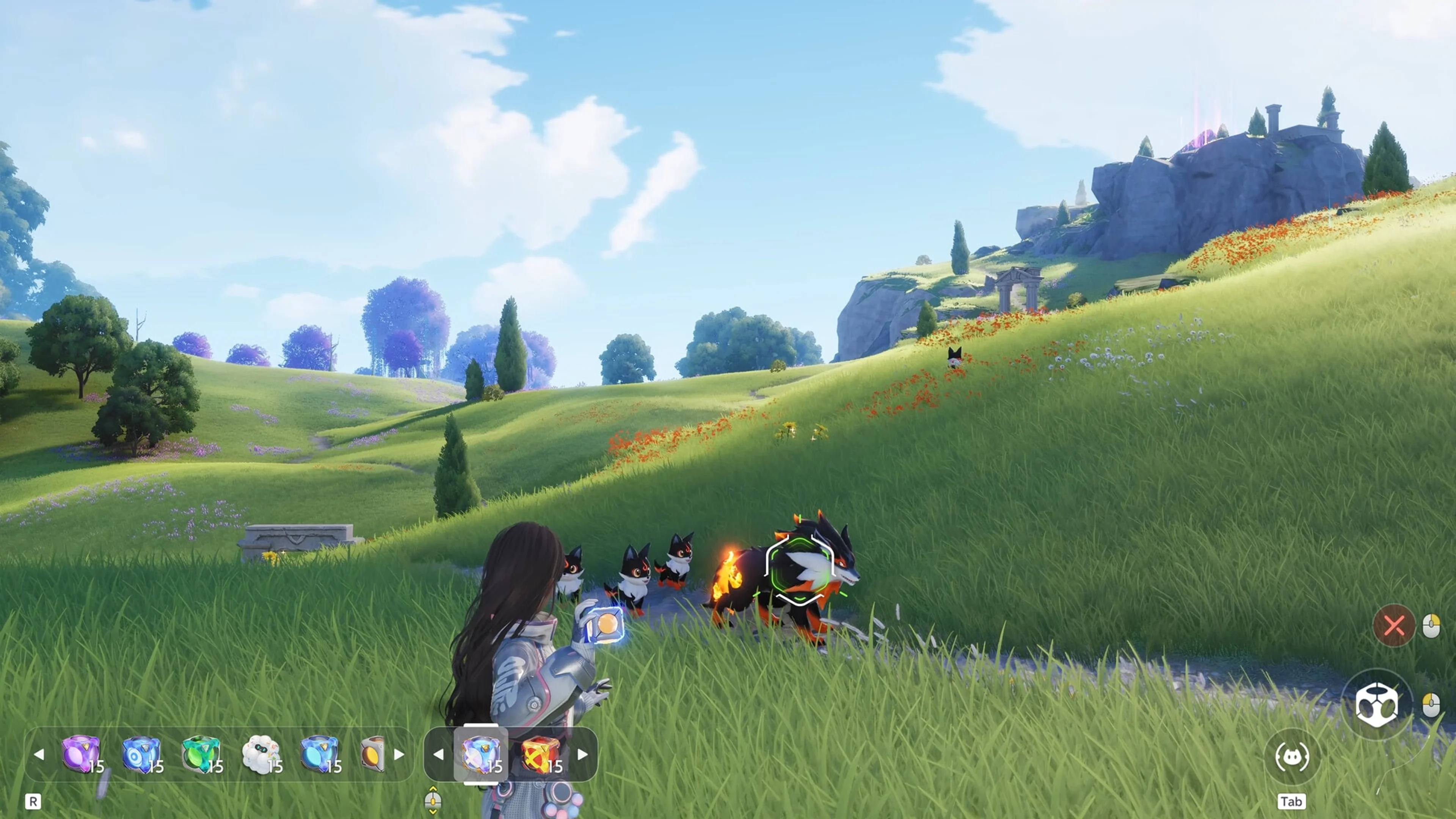 A Pathfinder approaches Aniimo on a grassy hill.