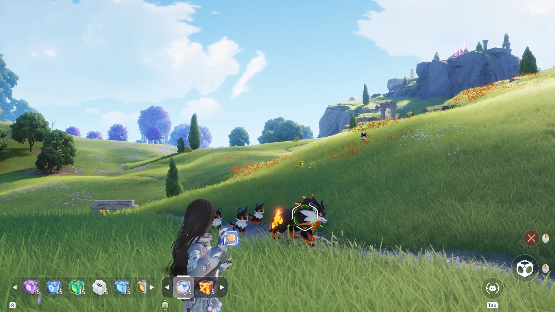 A Pathfinder approaches Aniimo on a grassy hill.