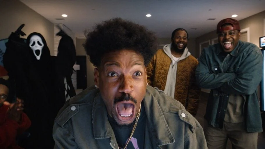 Marlon Wayans reacts in front of a masked figure in a Scary Movie (2026) still.