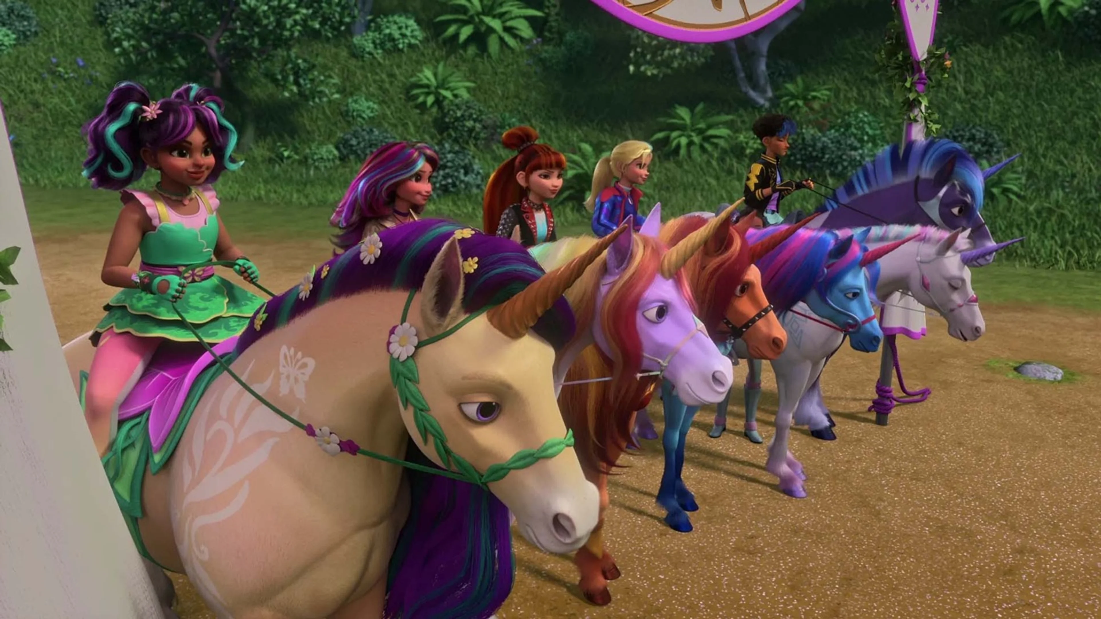 The riders and their unicorns train together on Unicorn Island.