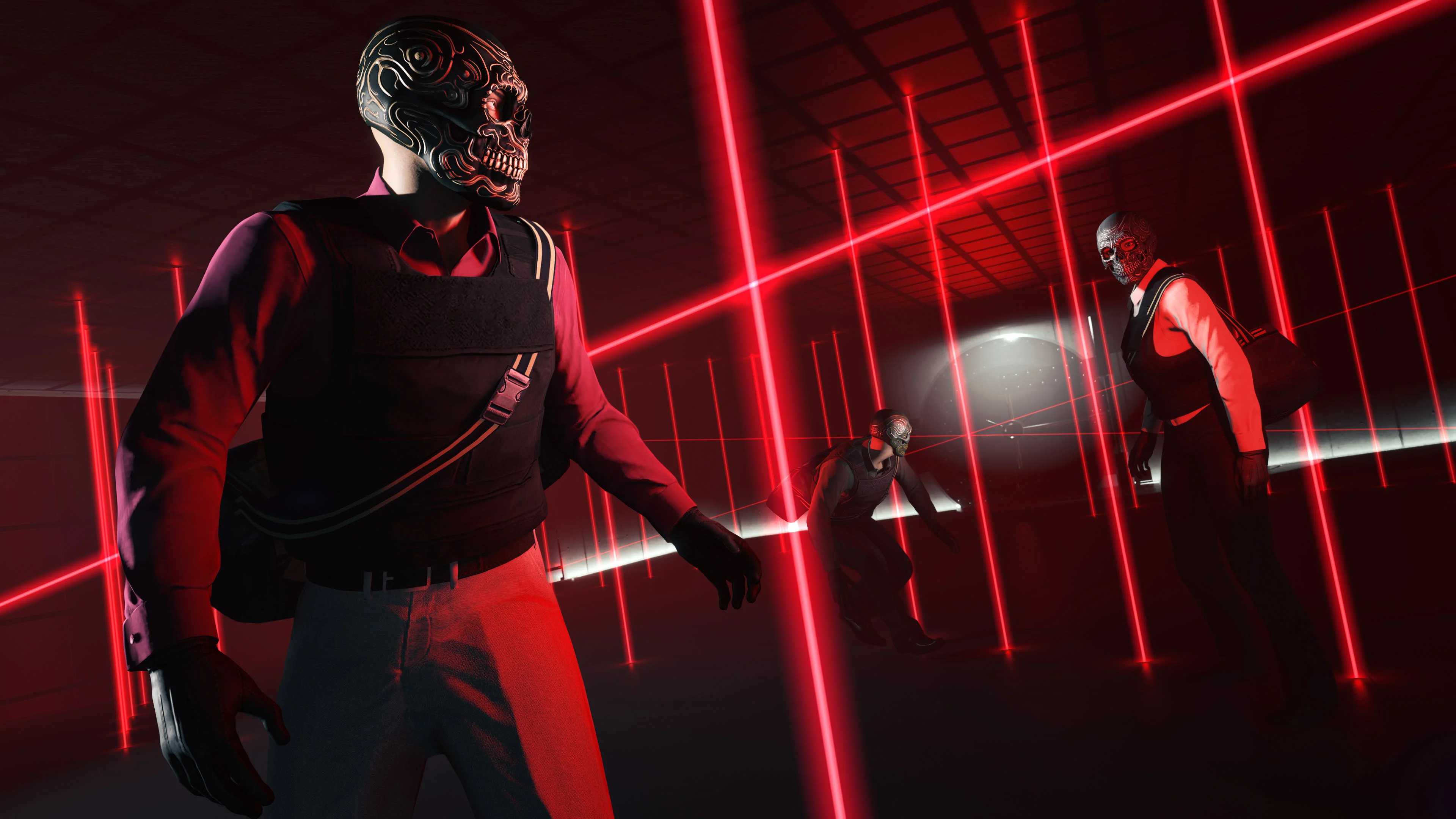 A GTA Online player moves between security lasers inside the Kortz Center.