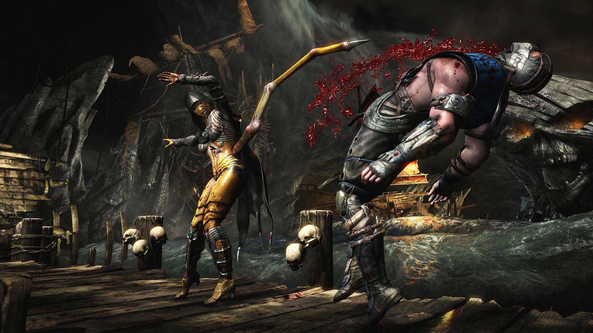 A fighter sends an opponent airborne during a match in a dark arena.