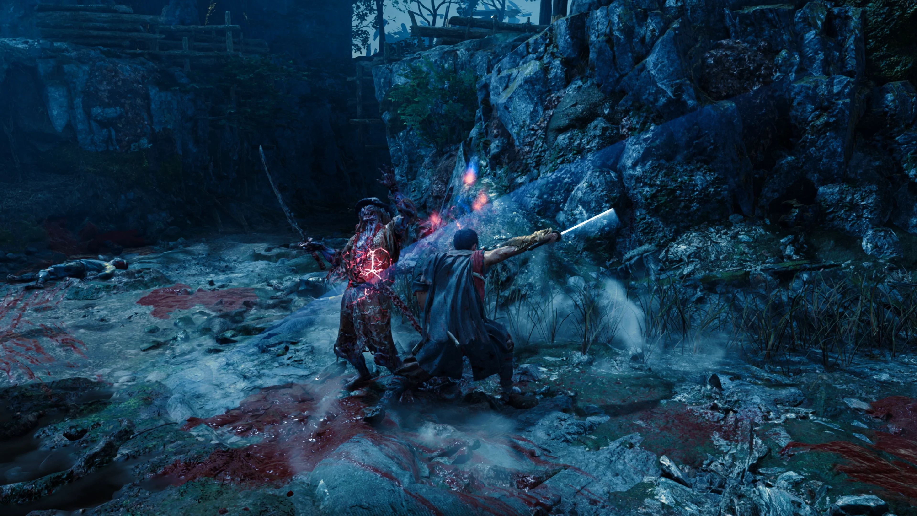 Miyamoto Musashi attacks the Daidara Genma boss in a blue-lit area of the Onimusha: Way of the Sword demo.