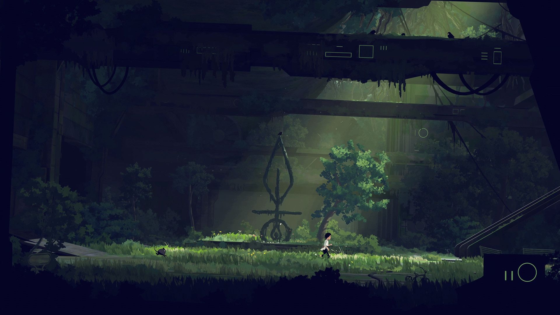 Lana and Mui cross a grassy platform inside a dark overgrown structure.