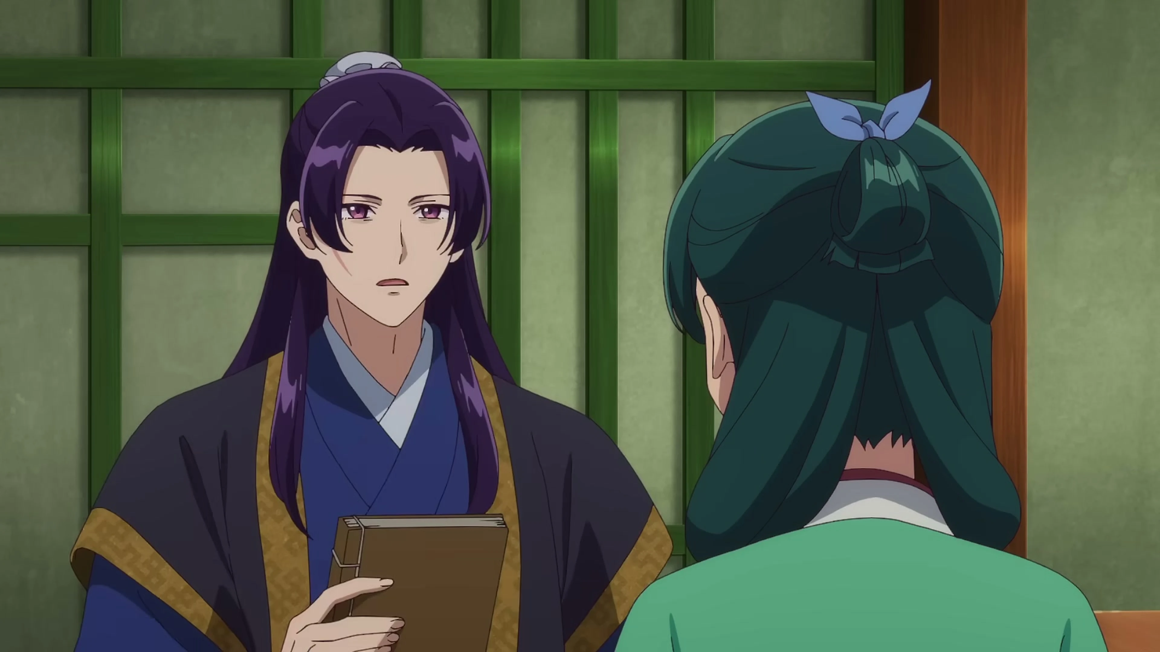 Maomao faces a purple-haired palace official in The Apothecary Diaries Season 3.