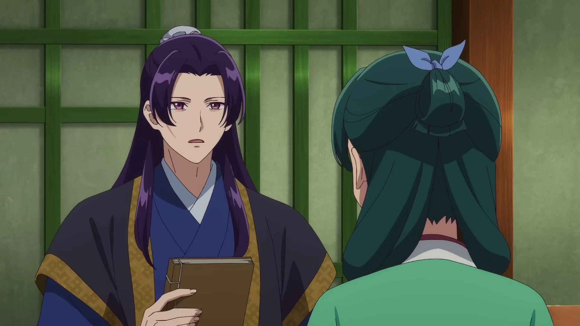 Maomao faces a purple-haired palace official in The Apothecary Diaries Season 3.