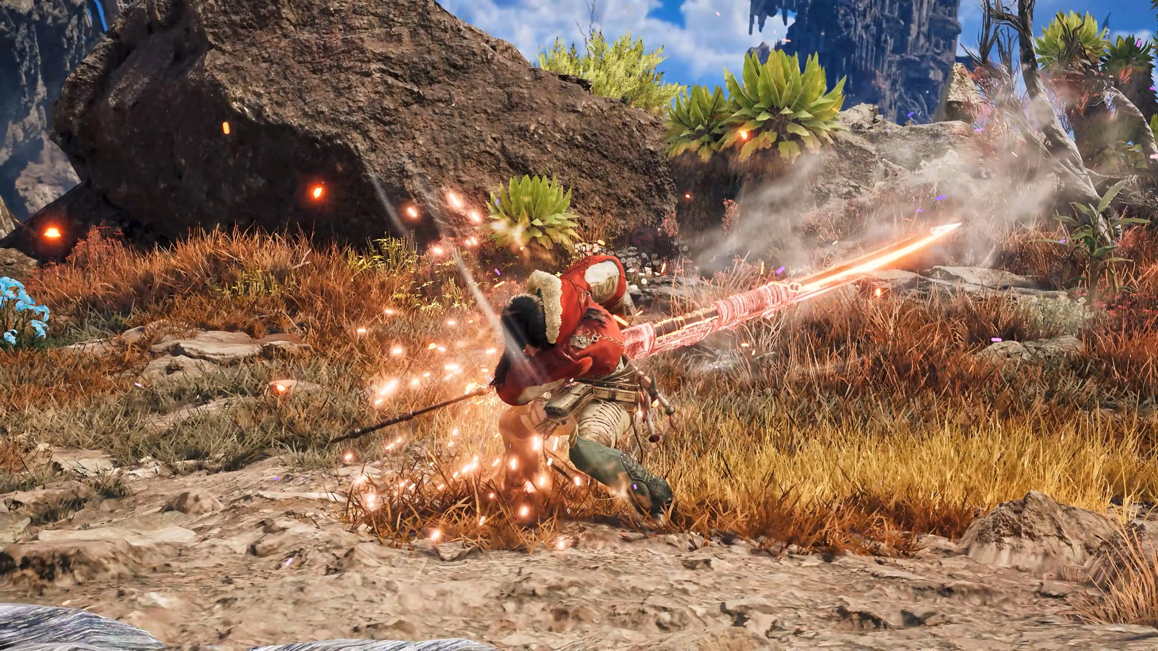 A hunter swings a glowing Great Sword during a Boosted Action in Monster Hunter Wilds: Ascendance.