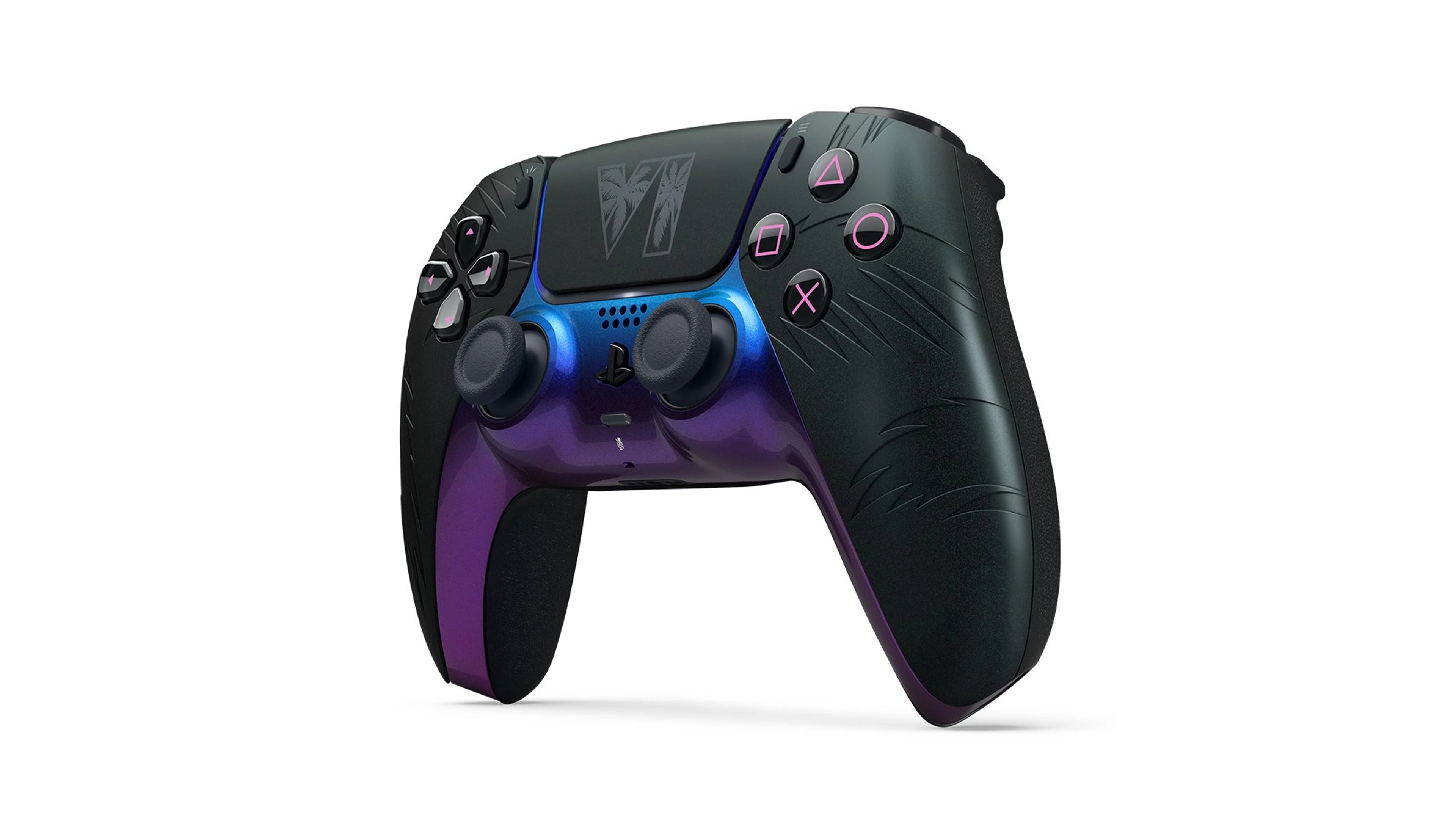 The black Grand Theft Auto VI DualSense controller shows a purple and blue center with a Vice City logo.
