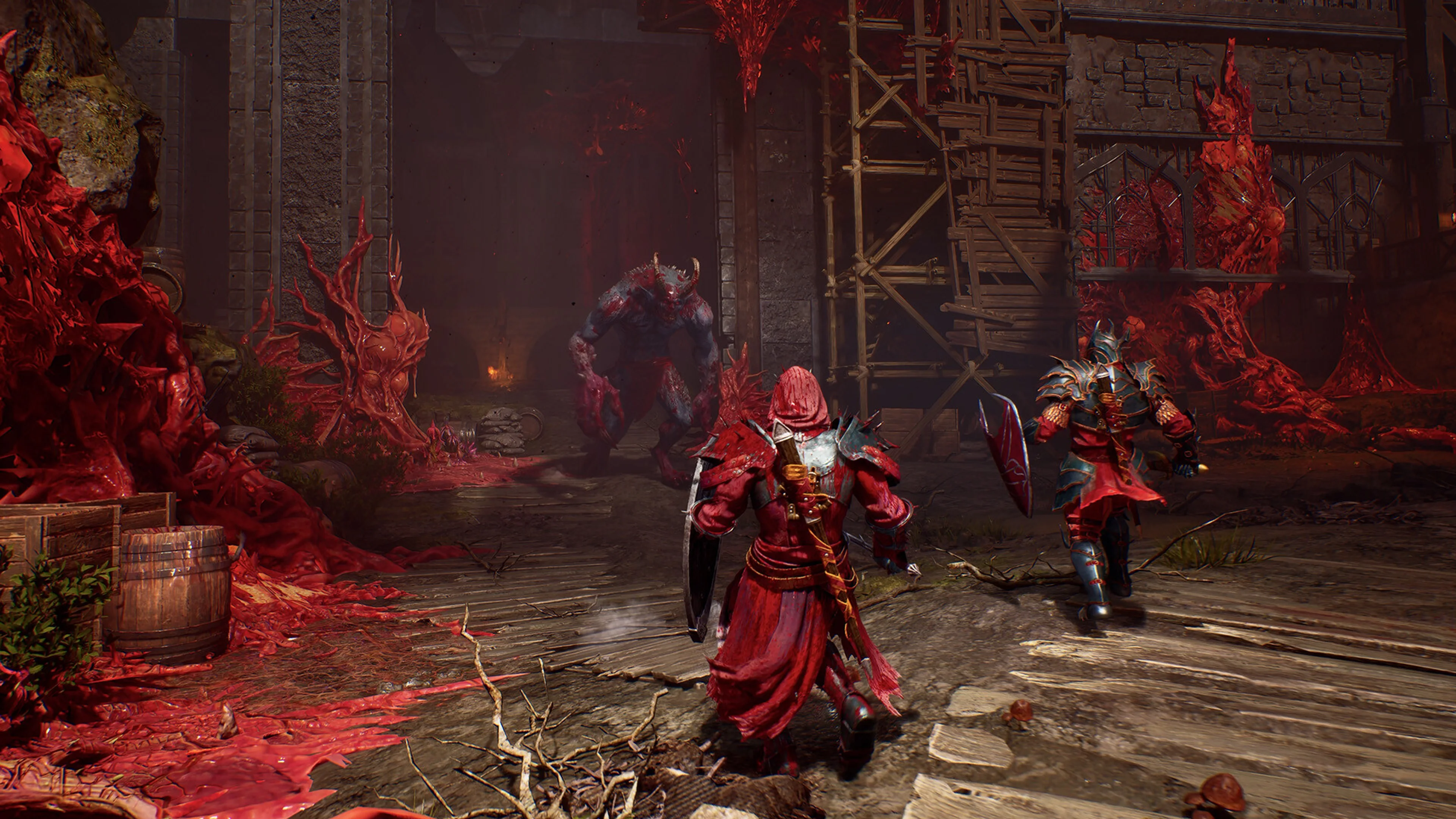 Two Crimson Moon players advance through a red-corrupted ward toward a large demonic enemy.