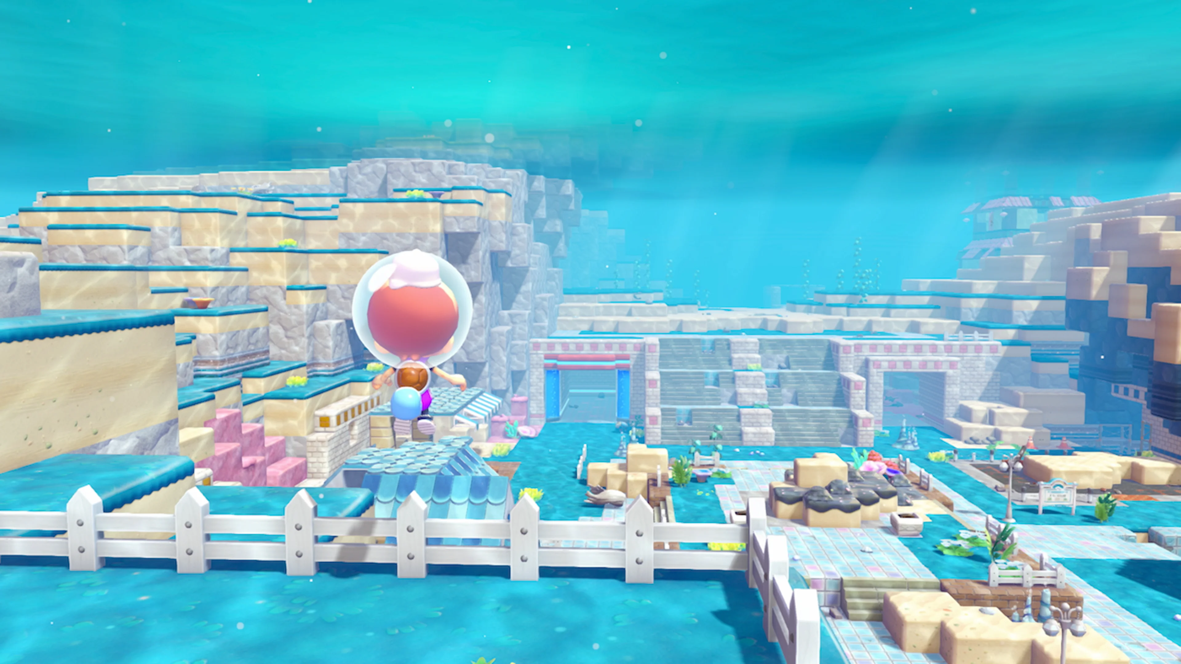 Ditto entering the underwater town of Bubbly Basin in Pokémon Pokopia