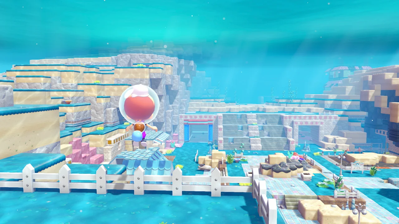 Ditto entering the underwater town of Bubbly Basin in Pokémon Pokopia
