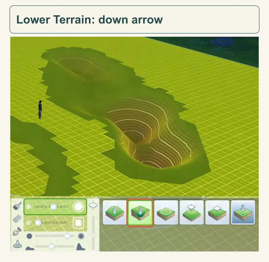 Official Build Mode view shows a sculpted depression and a zoomed terrain toolbar with its second downward-arrow button outlined.
