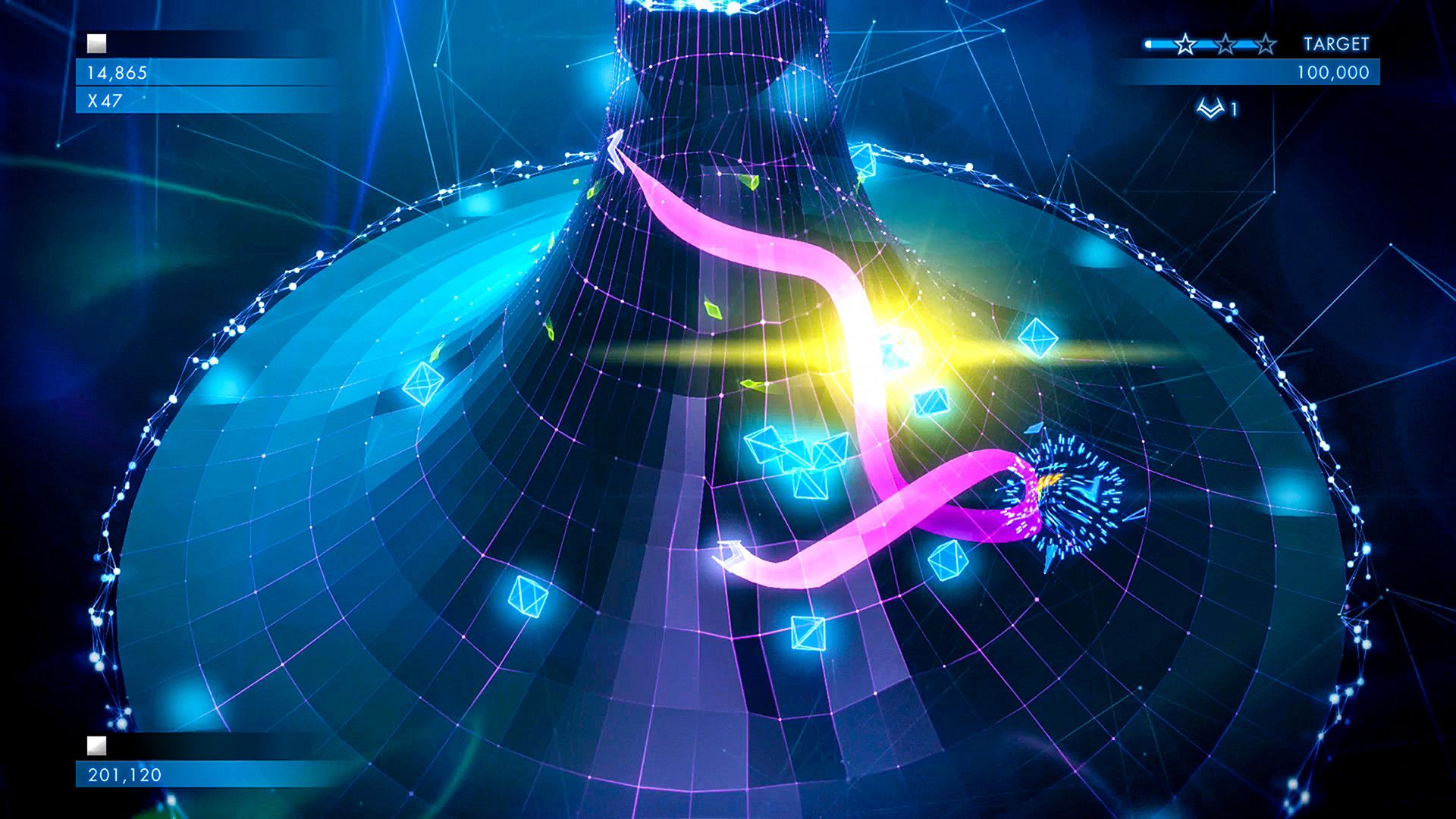 A pink trail and glowing shapes wrap around a circular blue arena.