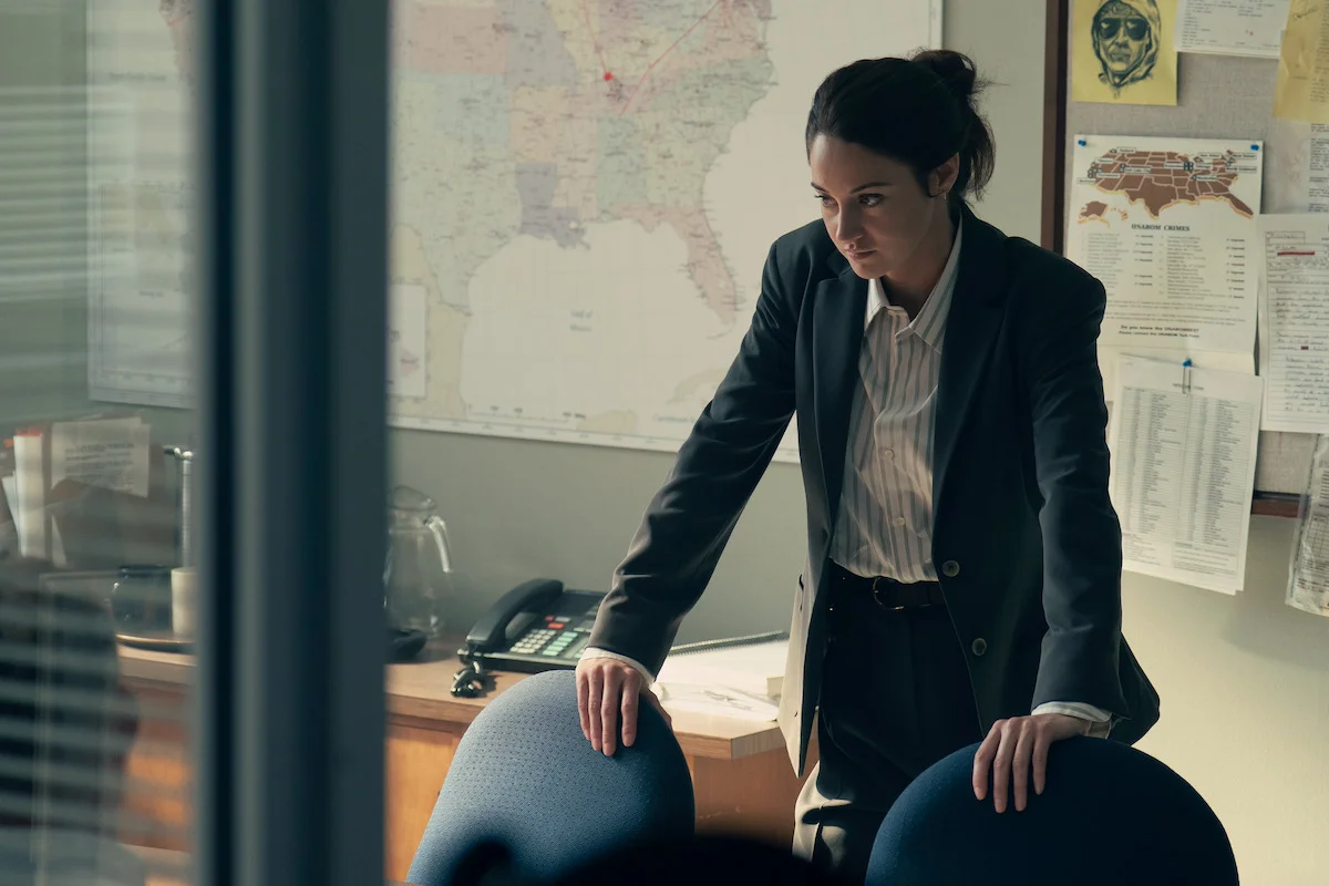 Shailene Woodley as FBI agent Joanne Miller studies the case in UNABOMBER.