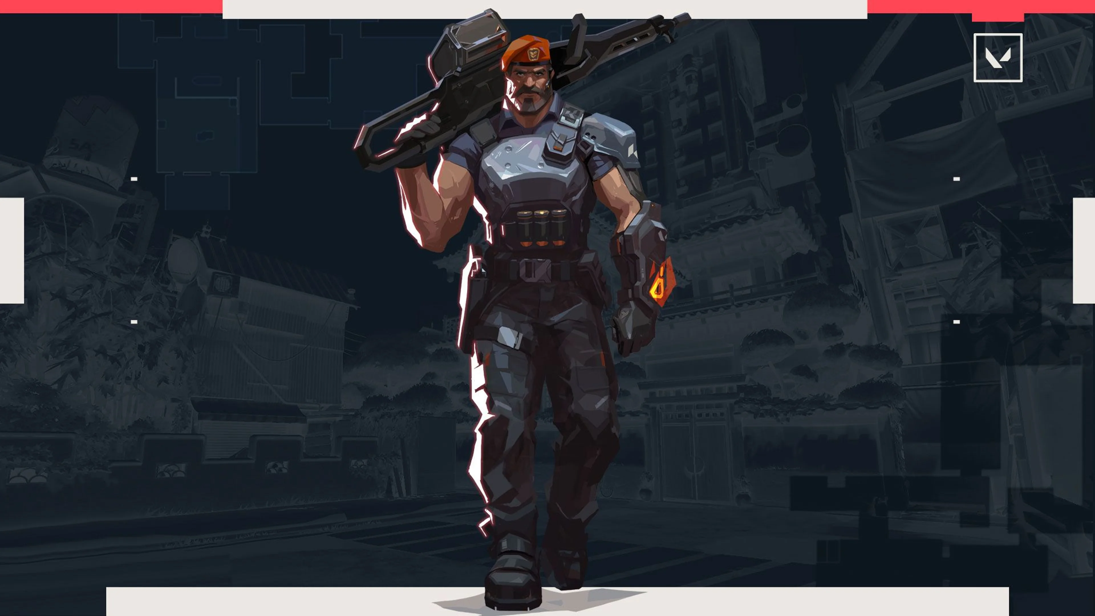 Valorant Agent Brimstone carries his weapon in official Riot Games artwork.