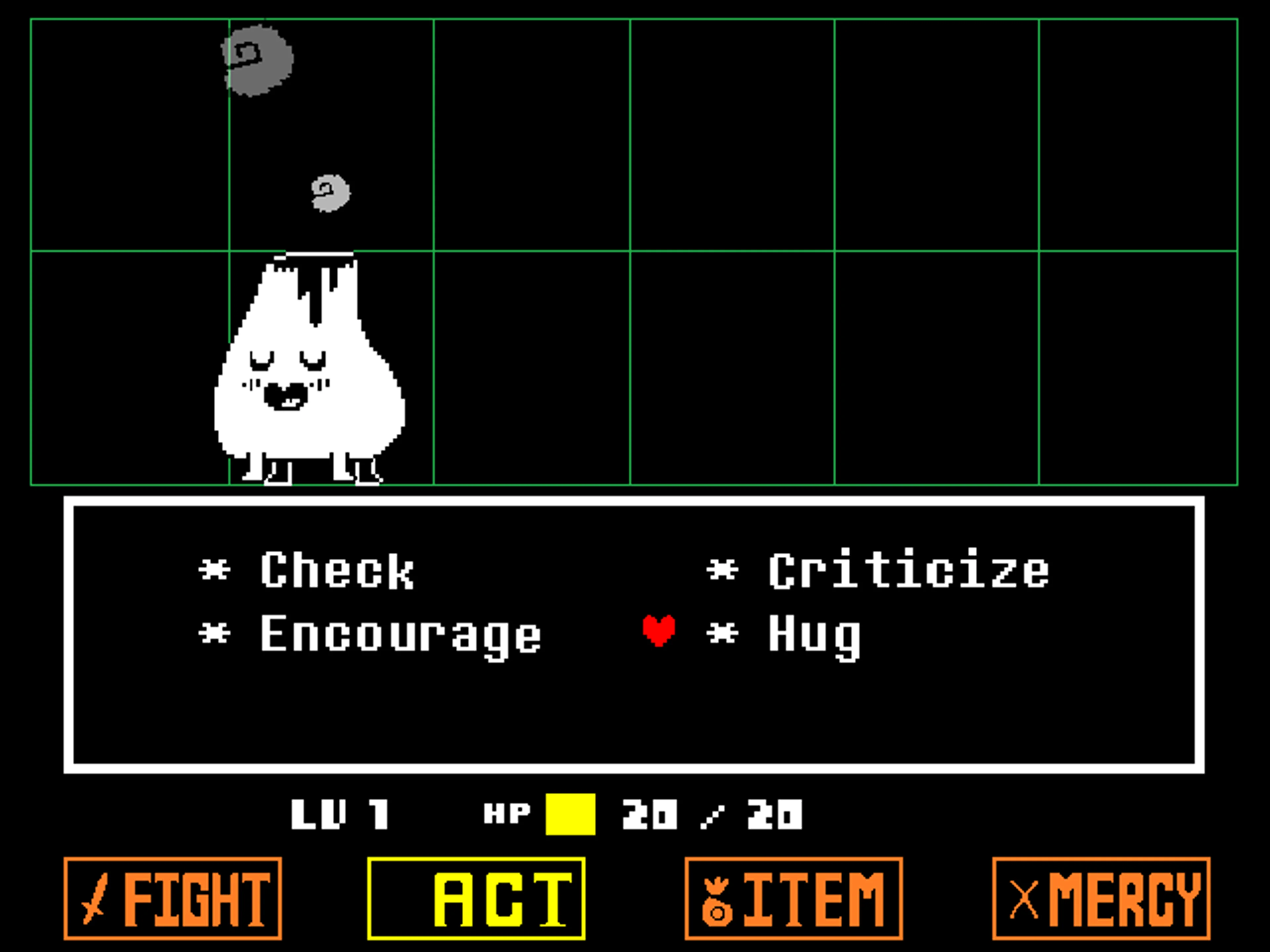 Official Undertale screenshot showing the ACT command highlighted and a list with Check, Criticize, Encourage and Hug; the red heart points at Hug.