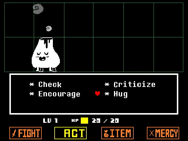 Official Undertale screenshot showing the ACT command highlighted and a list with Check, Criticize, Encourage and Hug; the red heart points at Hug.