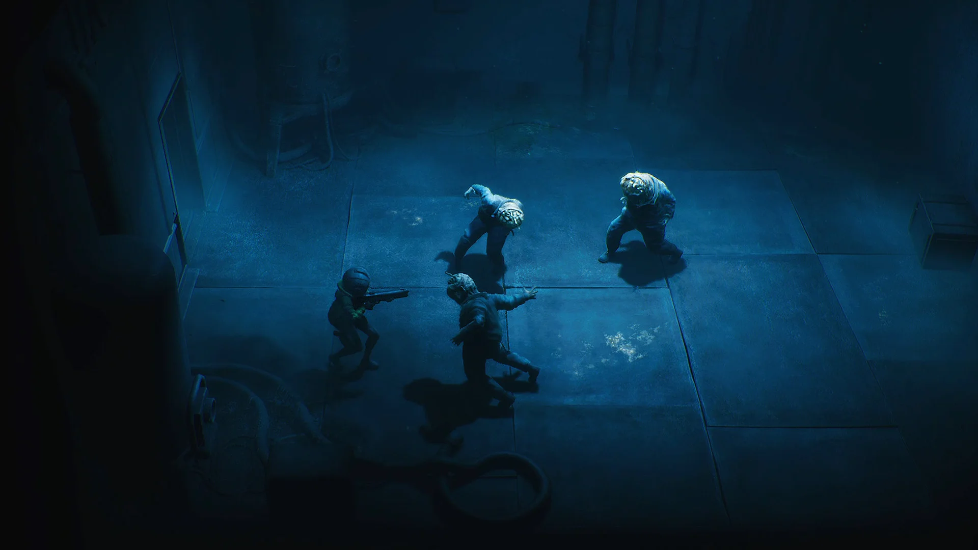 Cel aims a gun at three creatures in a blue-lit room.