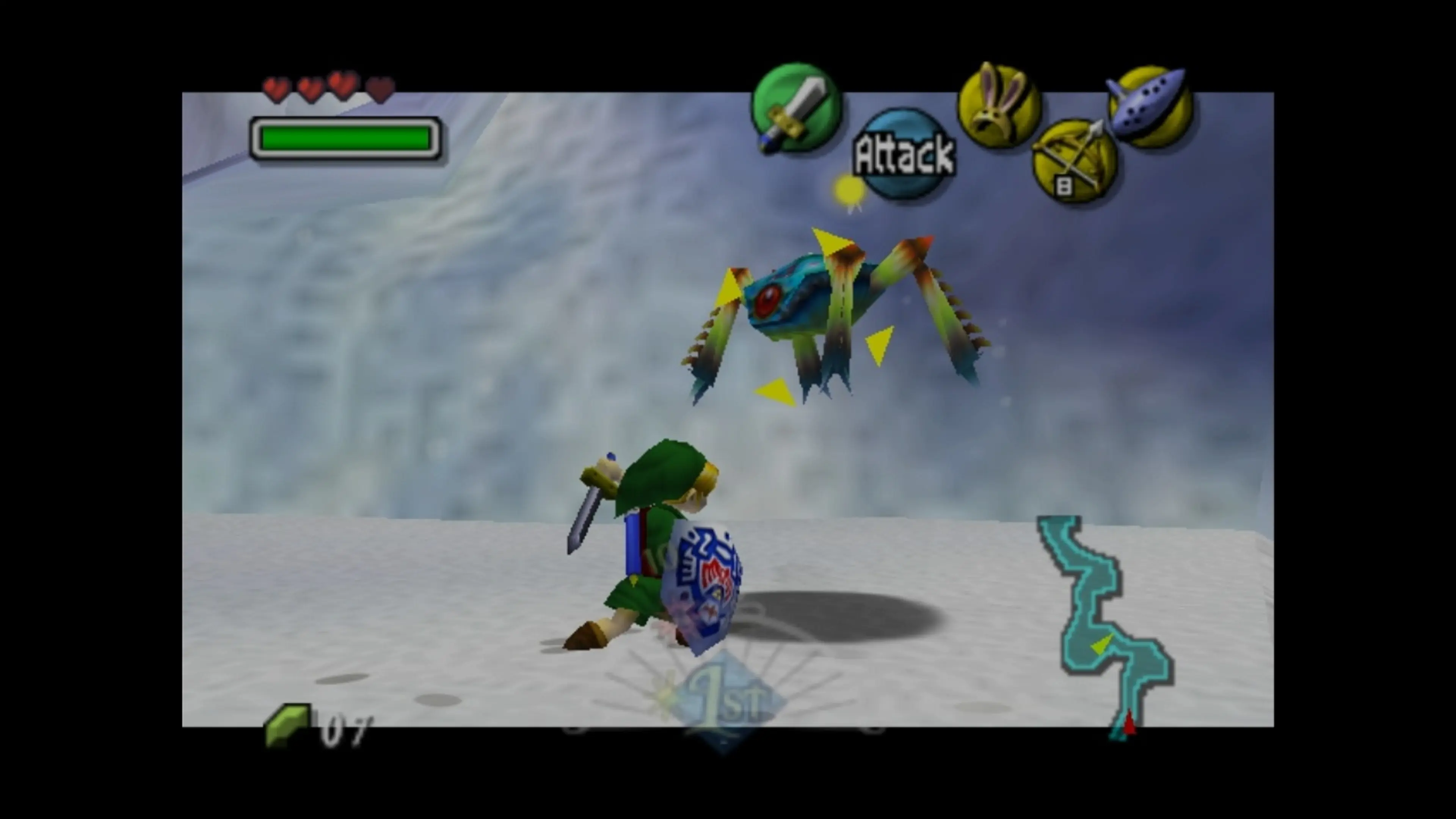 Link faces an enemy in a snowy area in Nintendo's Virtual Console re-release of Majora's Mask.