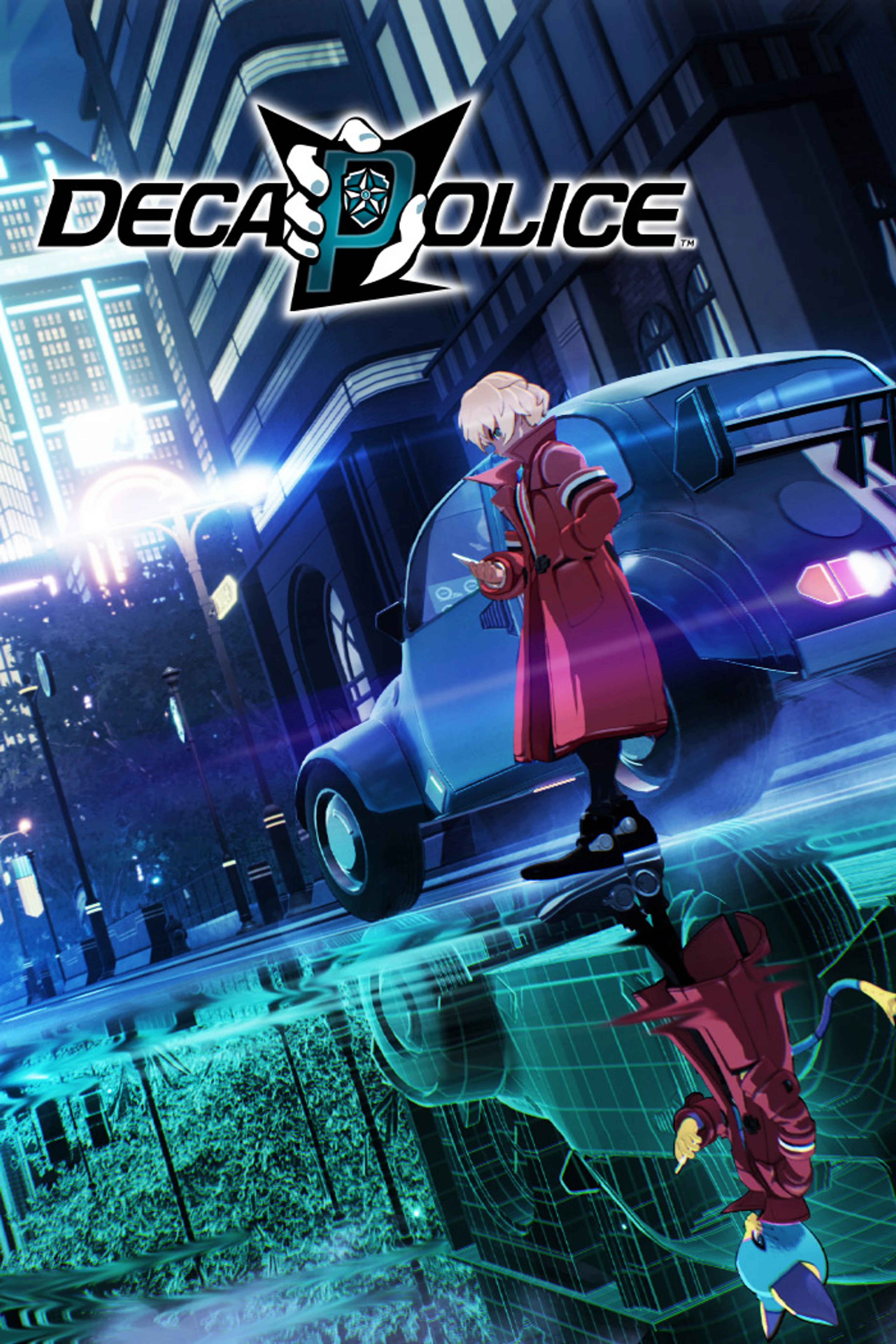 Official DECAPOLICE game cover art shows Harvard Marks in a red coat by a car under the game logo.