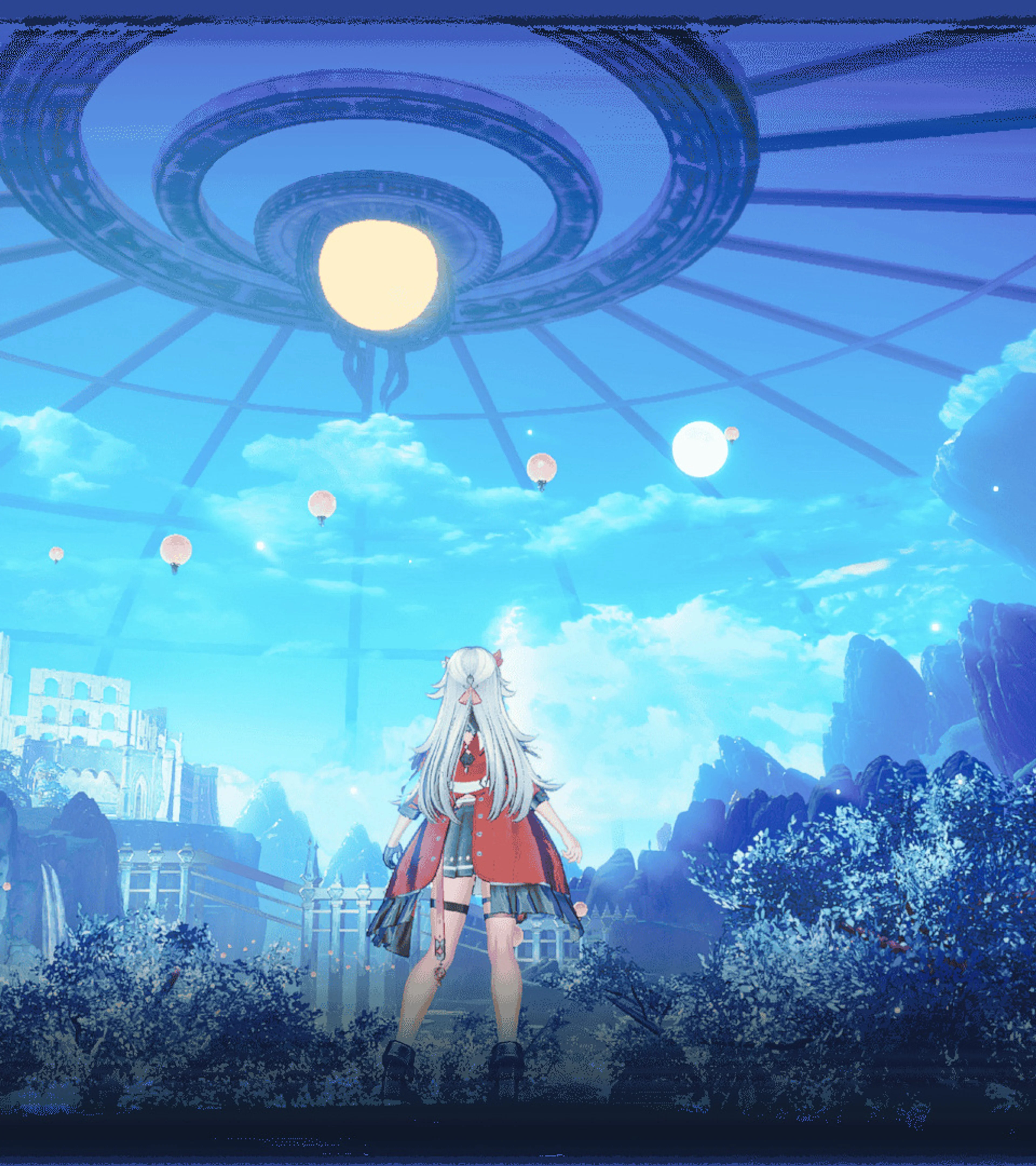 Karia stands beneath a vast circular structure in the hidden underground world.