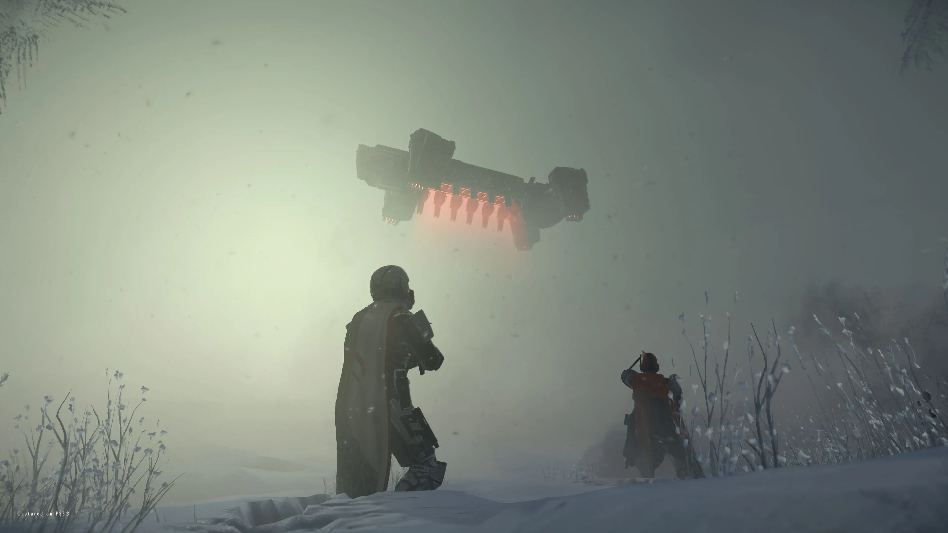 Two Helldivers prepare to fight beneath an enemy dropship in dense fog.