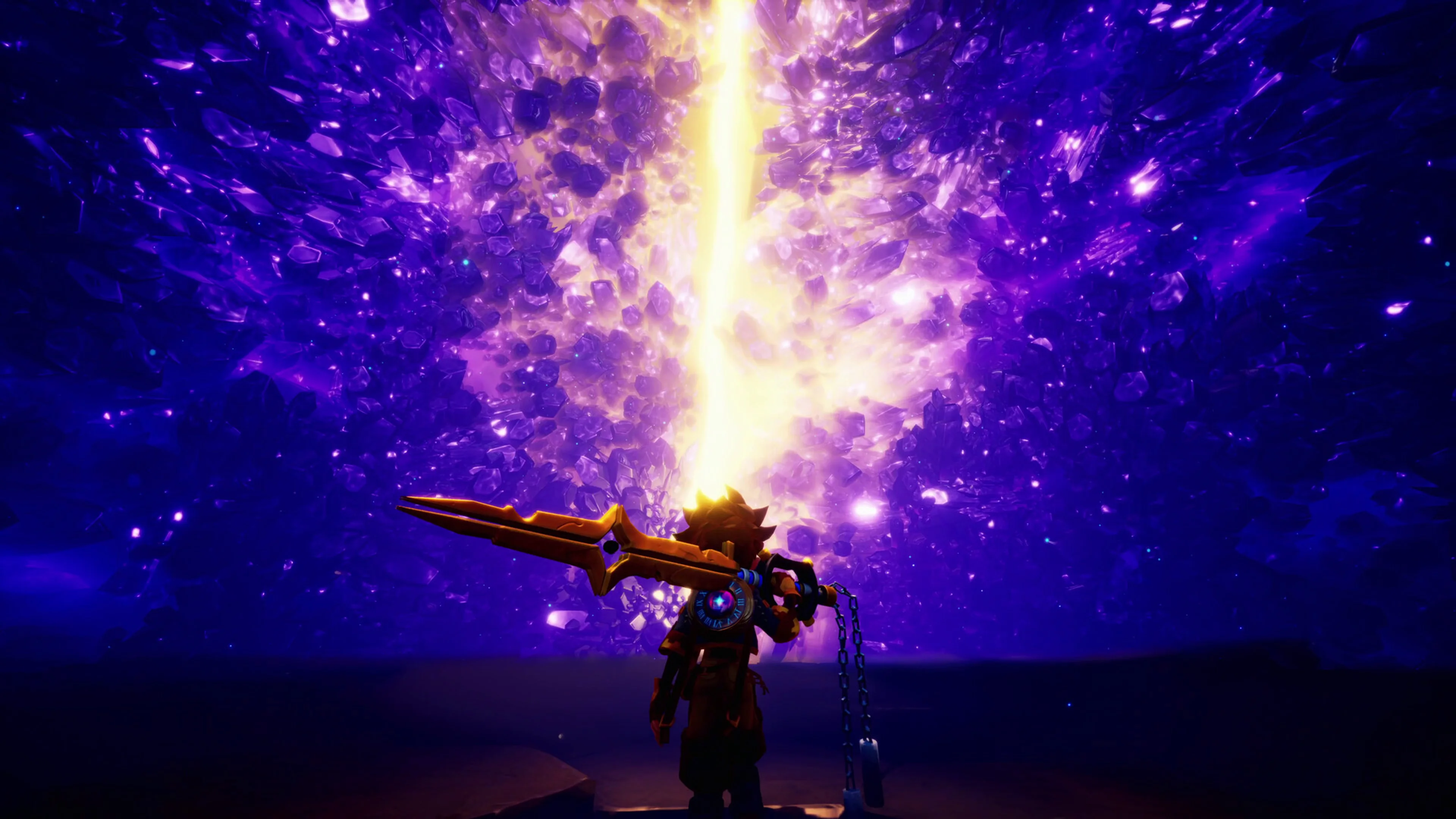 Zirian standing before a glowing crystal formation in Duskfade