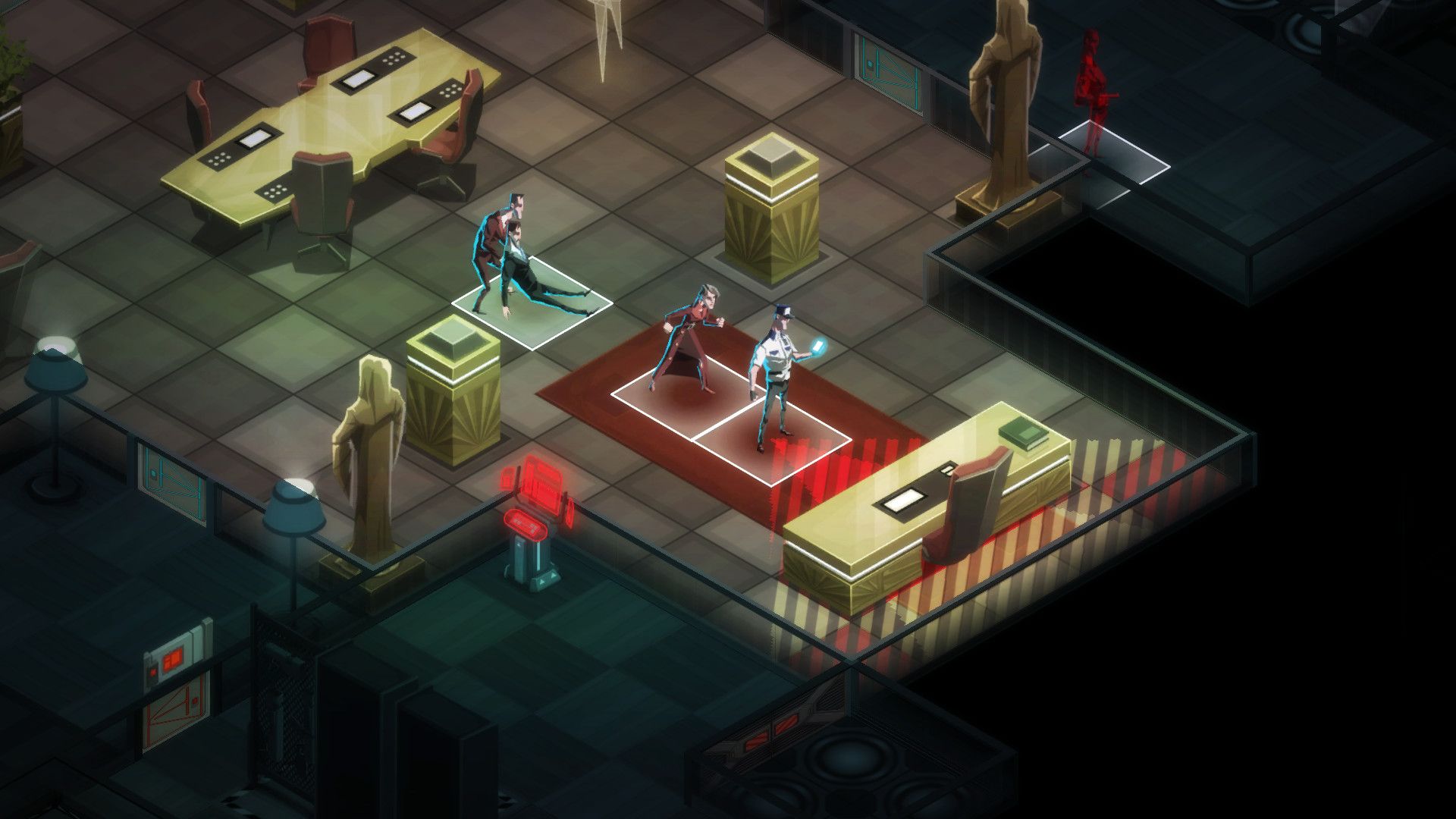 Two agents and a guard occupy a tiled corporate room with colored floor highlights.