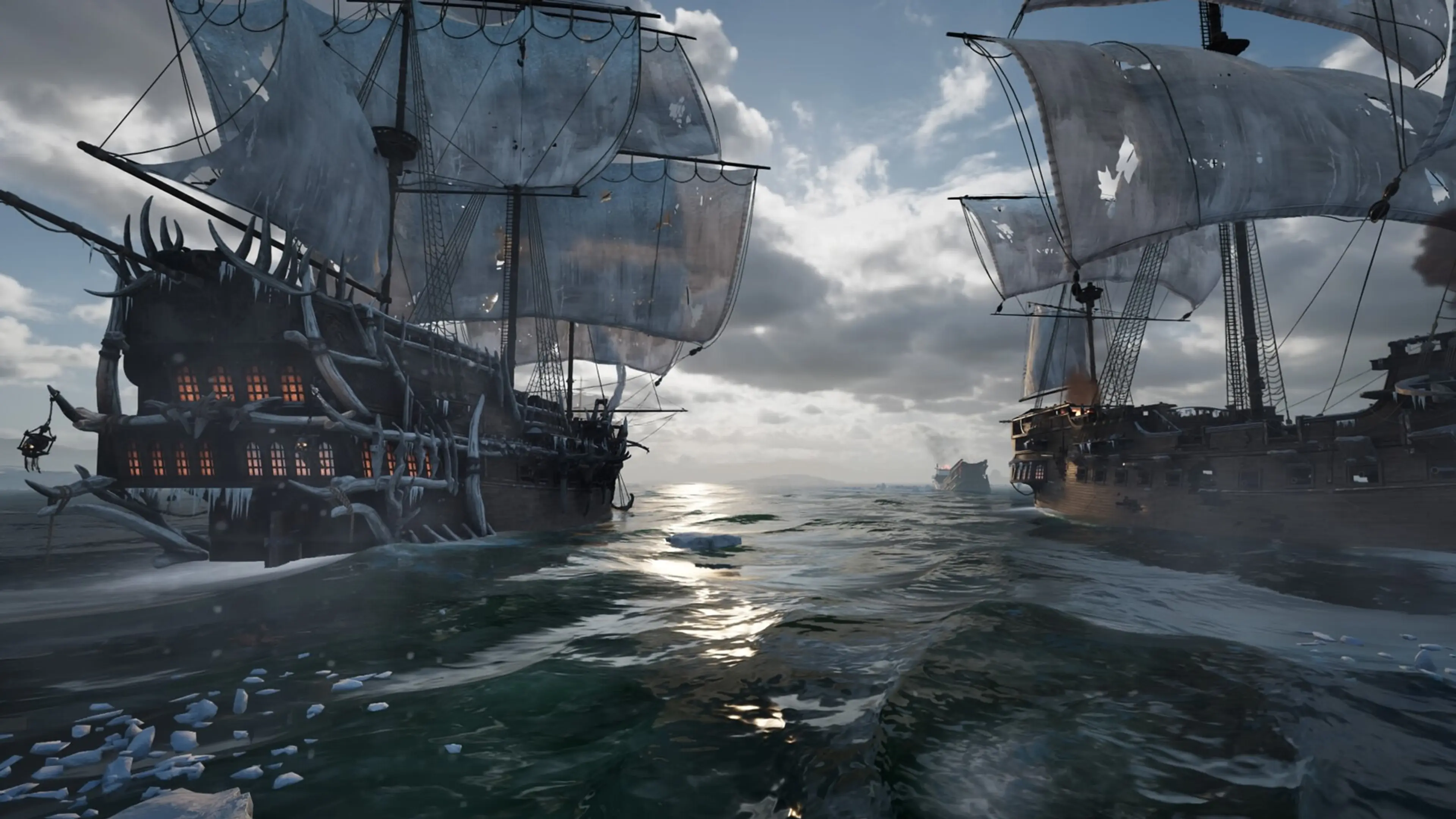 Bone-decorated warships sail through icy waters in CONQ: Crown of No Quarter.