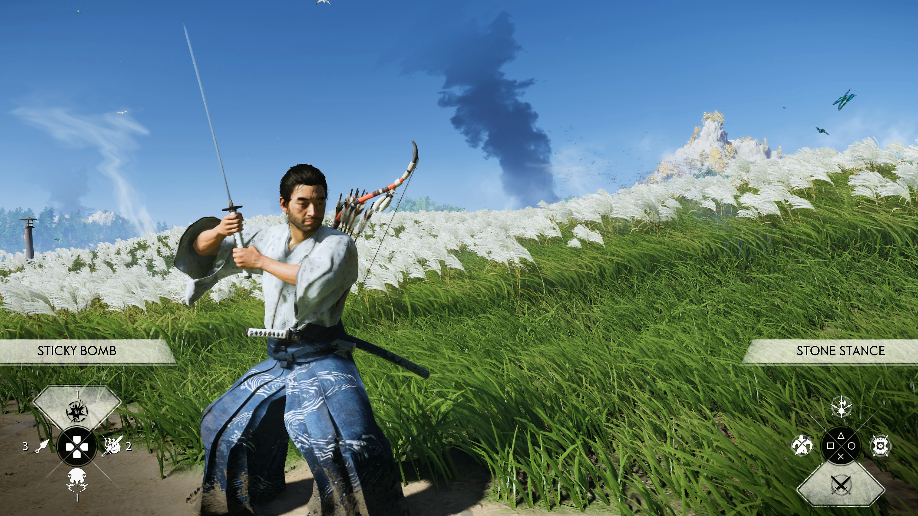 Ghost of Tsushima combat screen showing Jin with his sword raised and Stone stance selected at the lower right.