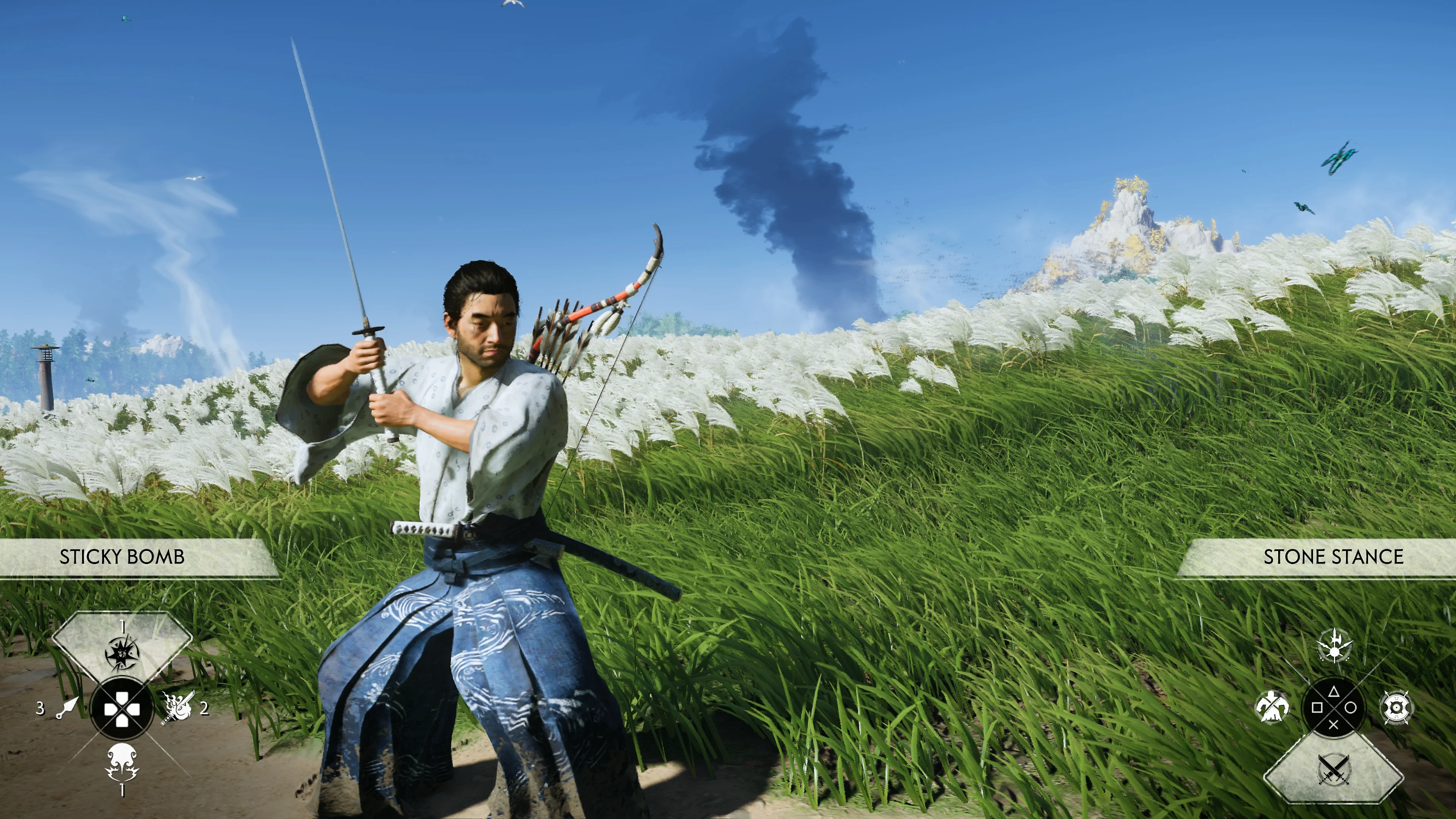 Jin holds his sword while STONE STANCE appears at the lower-right of the combat screen.