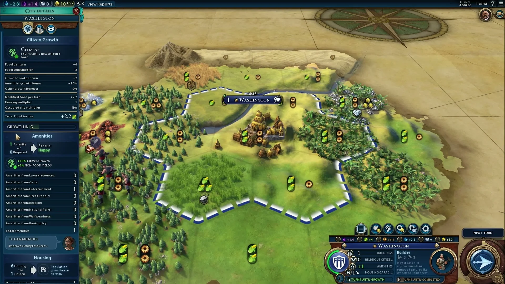 Civilization VI City Details panel showing food per turn, growth progress, amenities and housing beside Washington.