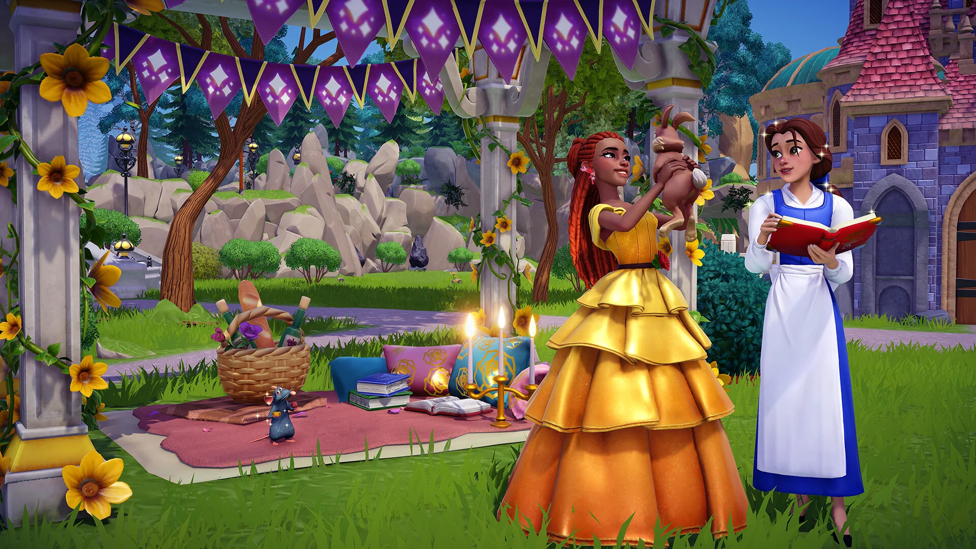 Disney characters stand among outdoor flowers and decorations in Dreamlight Valley.