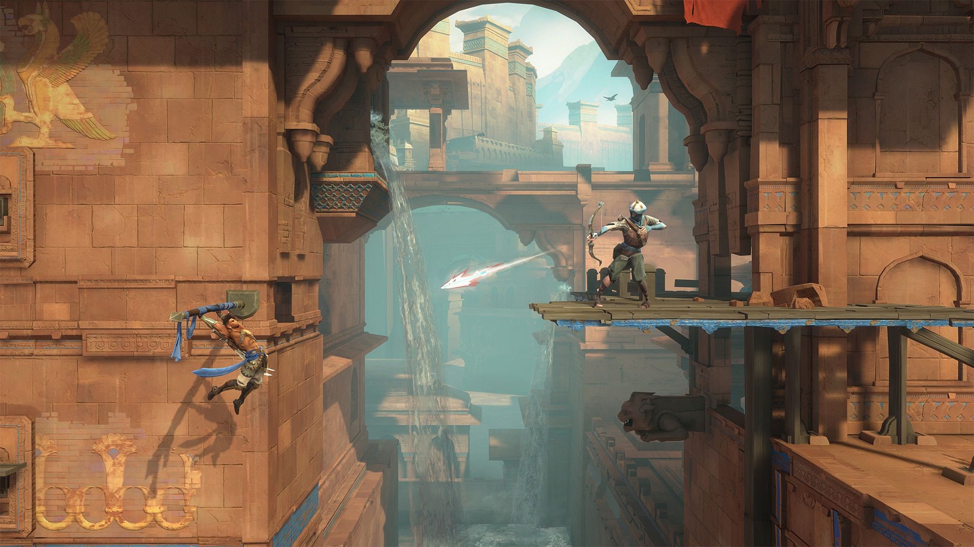 Sargon swings between platforms and an enemy archer in Prince of Persia The Lost Crown.