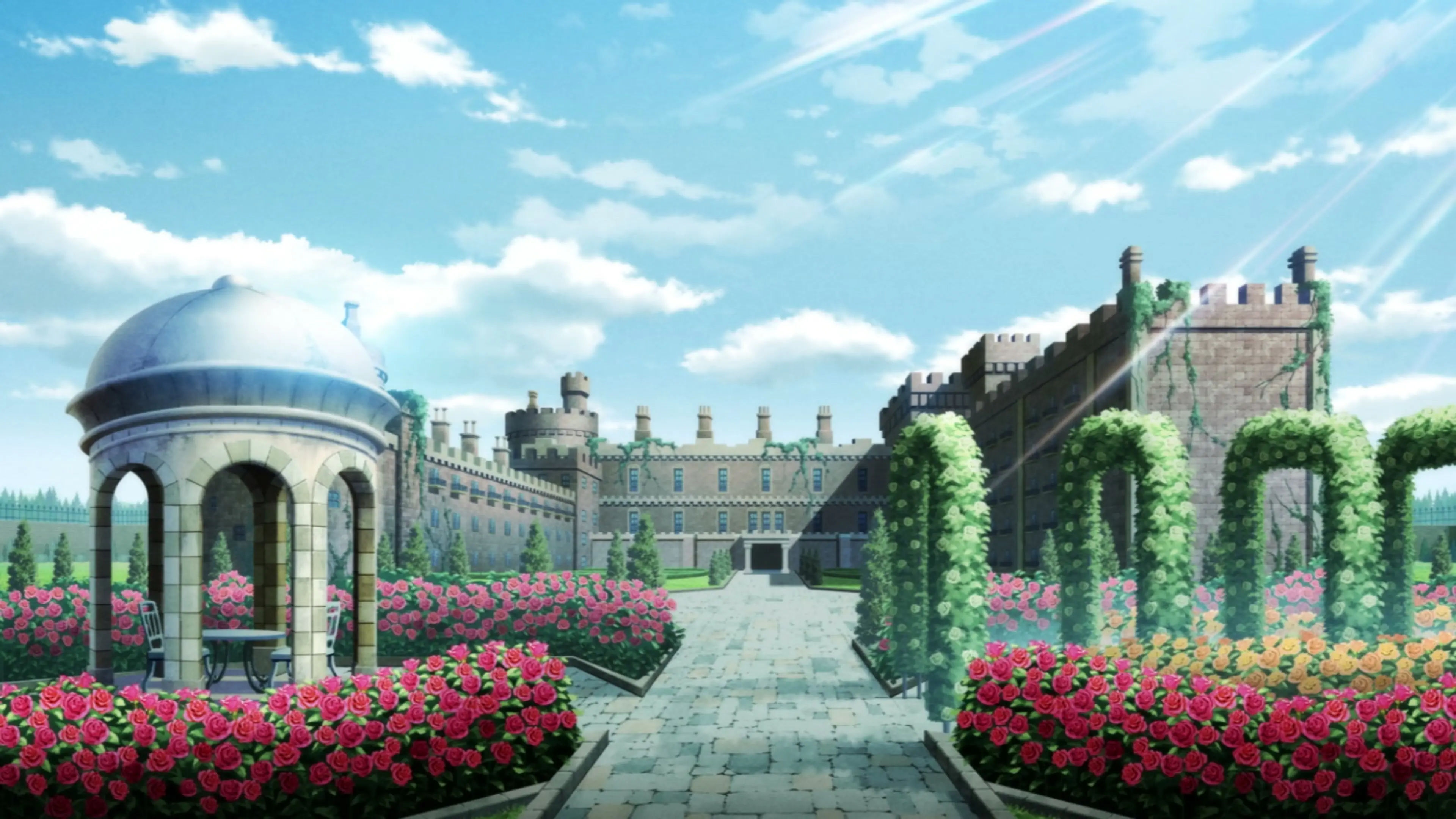Students cross the green grounds of the Royal Knights Academy under a bright blue sky.