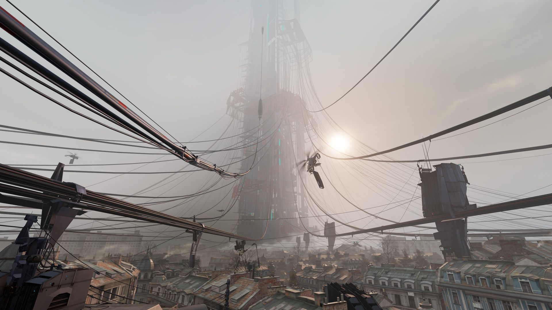 The Combine structure rises above City 17 rooftops.