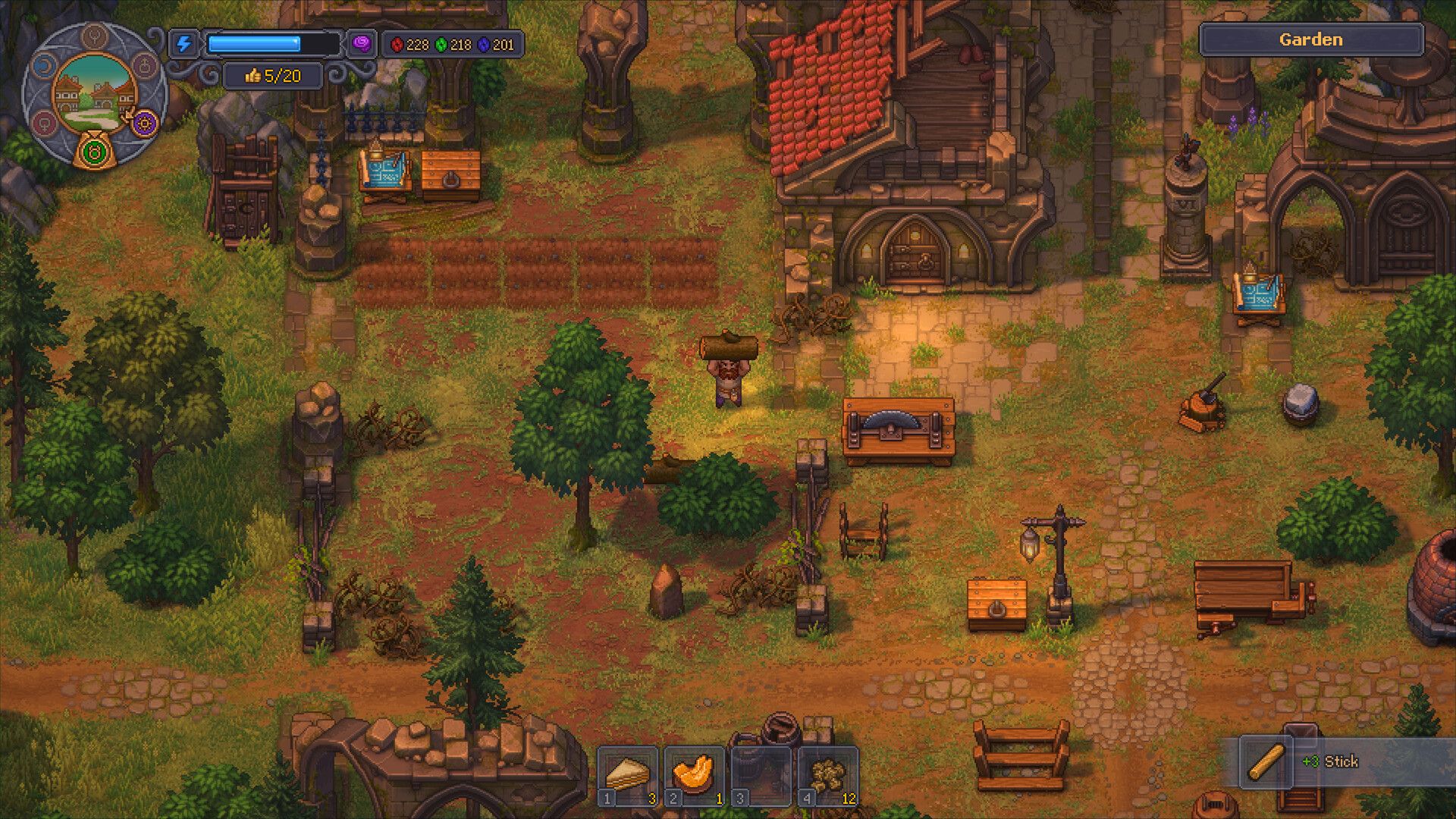 A graveyard and workshop in Graveyard Keeper 2.
