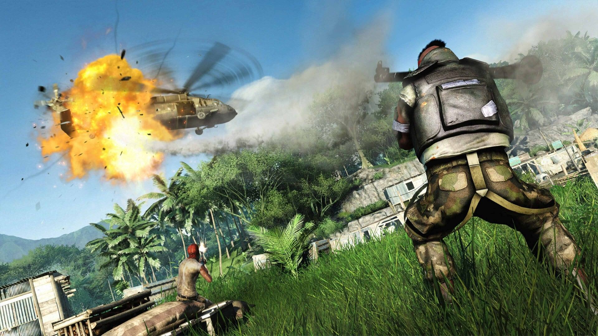 An explosion strikes a helicopter above armed people on a tropical hillside.
