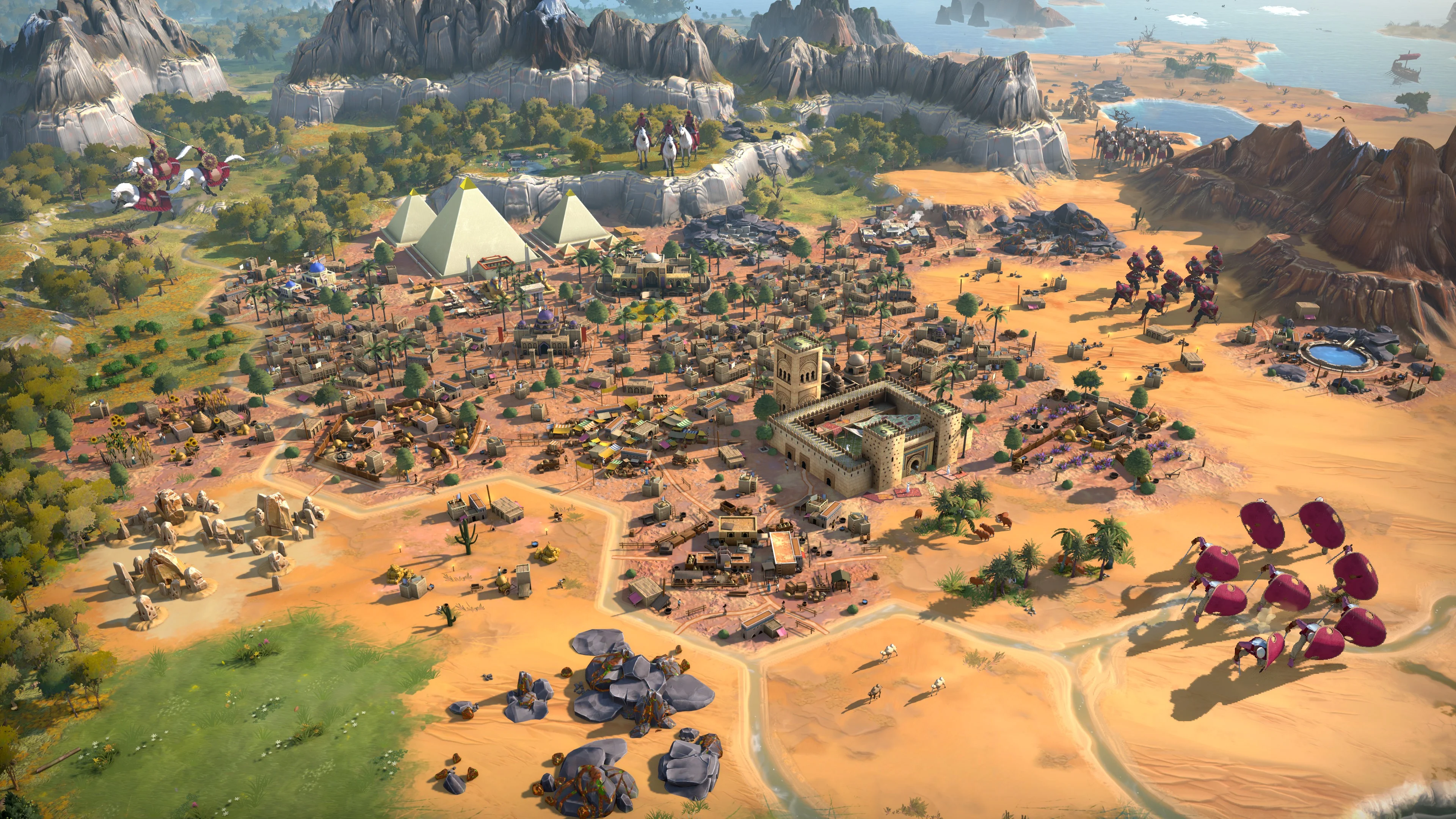 A desert city, pyramids, mounted units, and different biomes appear in an official HUMANKIND 2 gameplay screenshot.