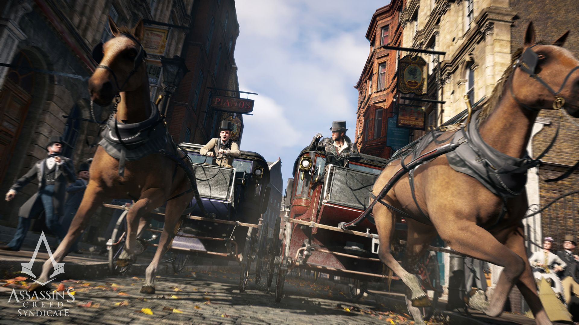 Two horses pull a carriage along a busy London road.