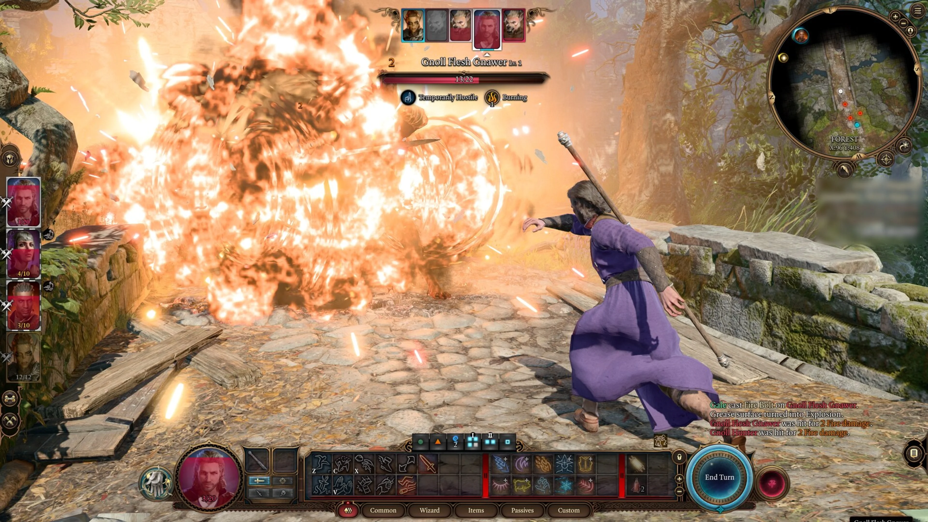 Gale ignites a grease surface during a turn-based battle in Baldur's Gate 3.
