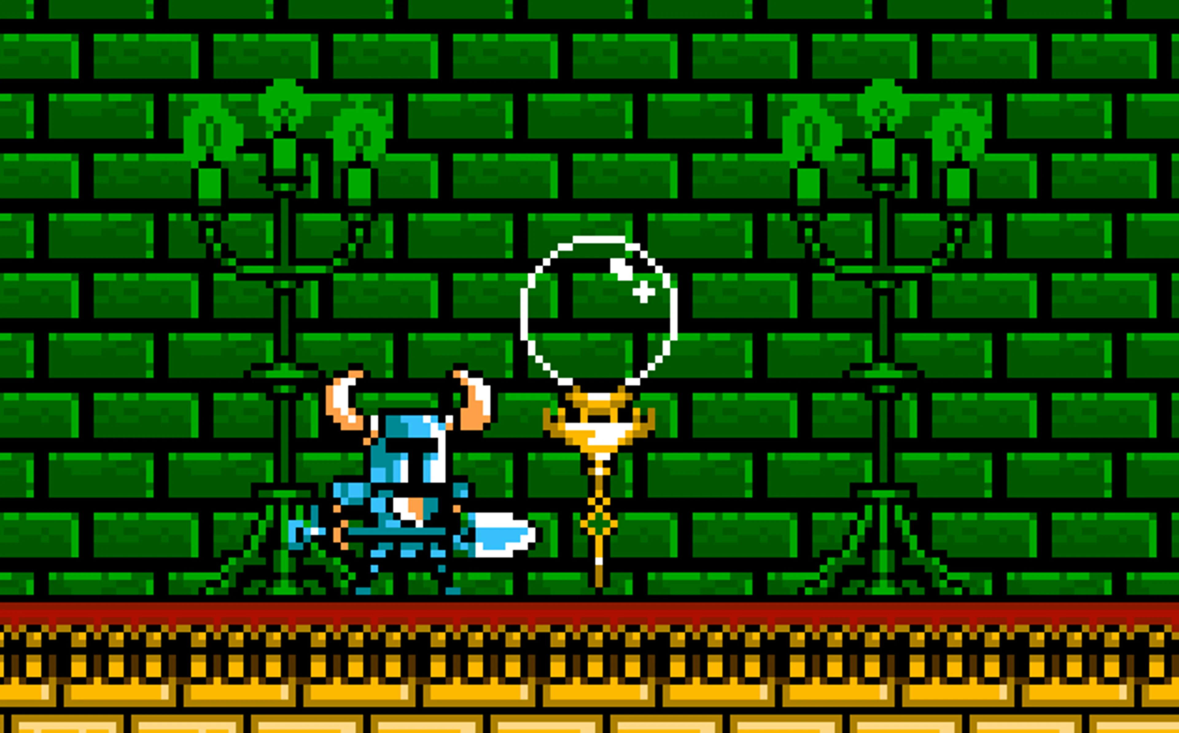Official final checkpoint screenshot: the blue knight stands beside a clear glass globe mounted on a slim gold post against a green-brick wall.