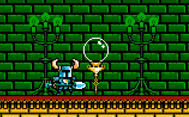 Official final checkpoint screenshot: the blue knight stands beside a clear glass globe mounted on a slim gold post against a green-brick wall.