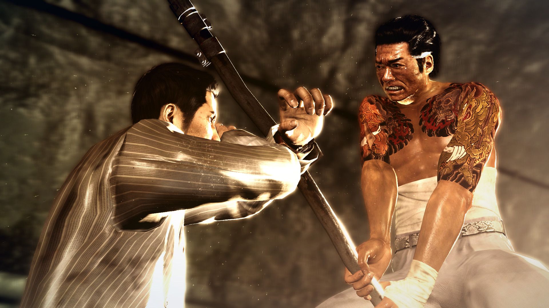 A close street fight shows one man raising a metal bat against another.
