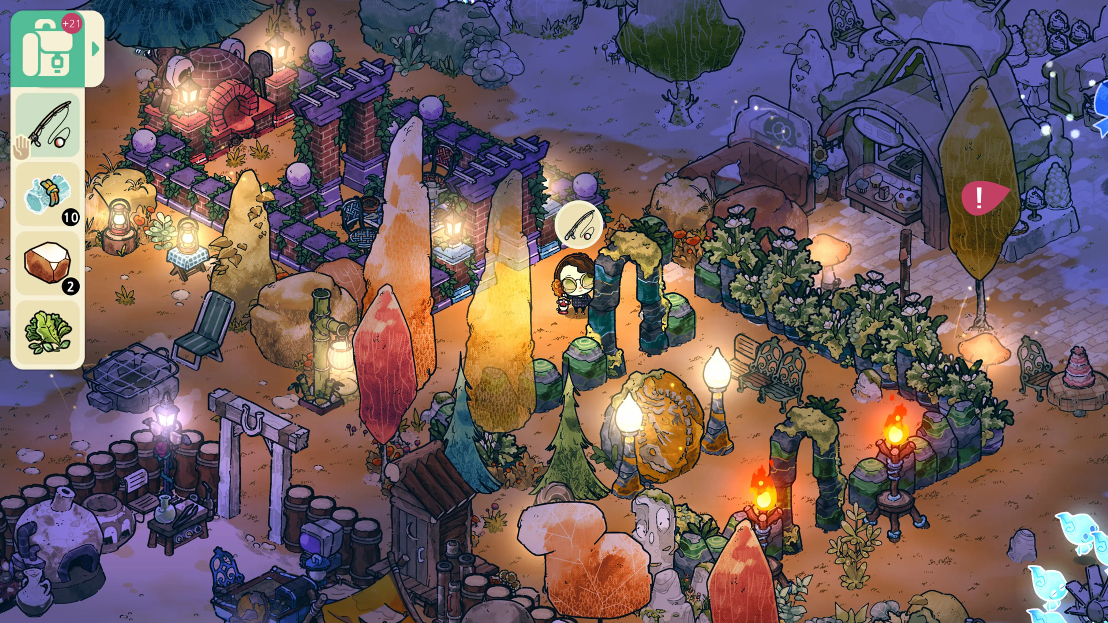 A brightly decorated Cozy Grove campsite illuminated at night.