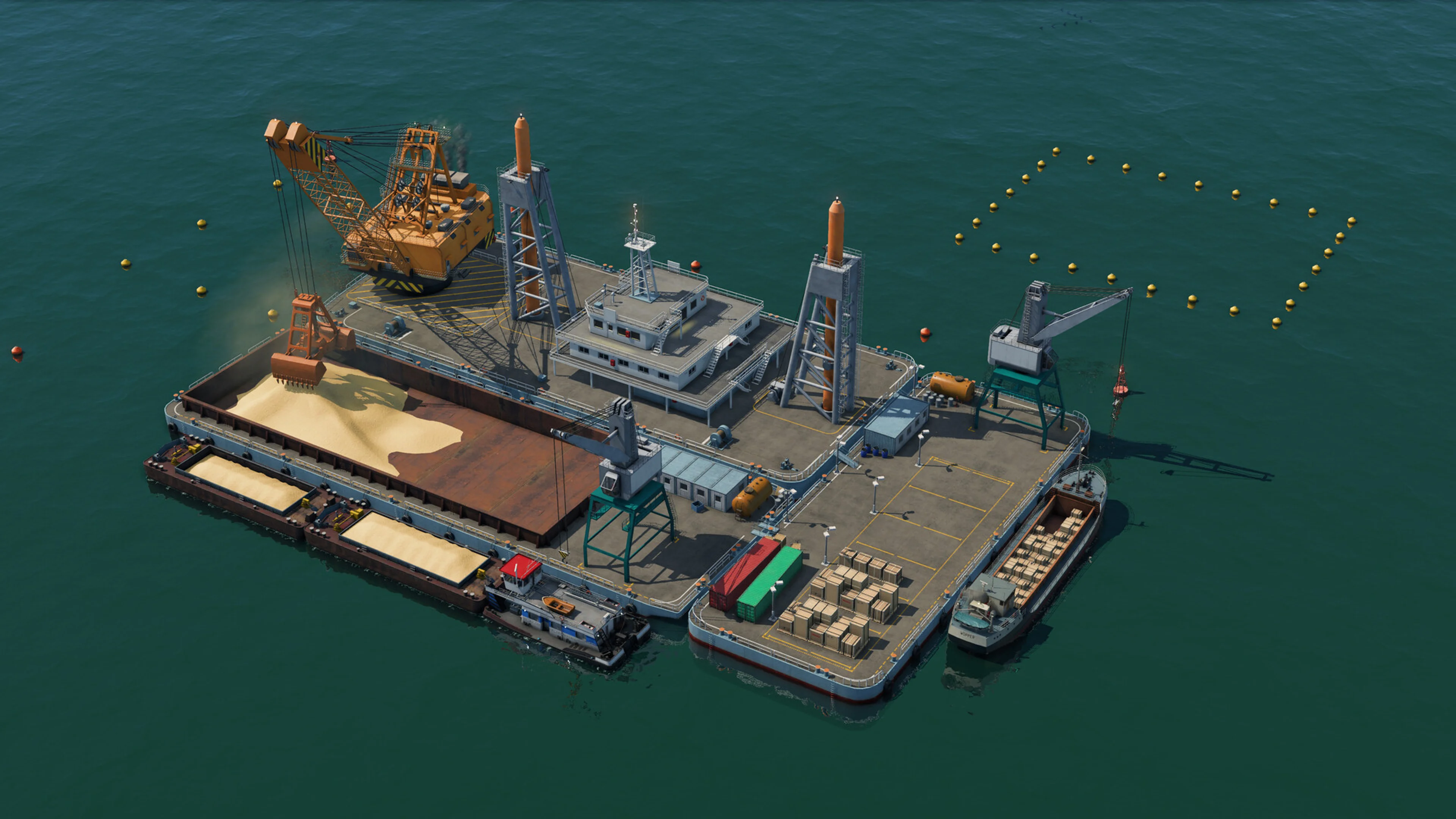 A cargo port and ship sit offshore in Transport Fever 3.