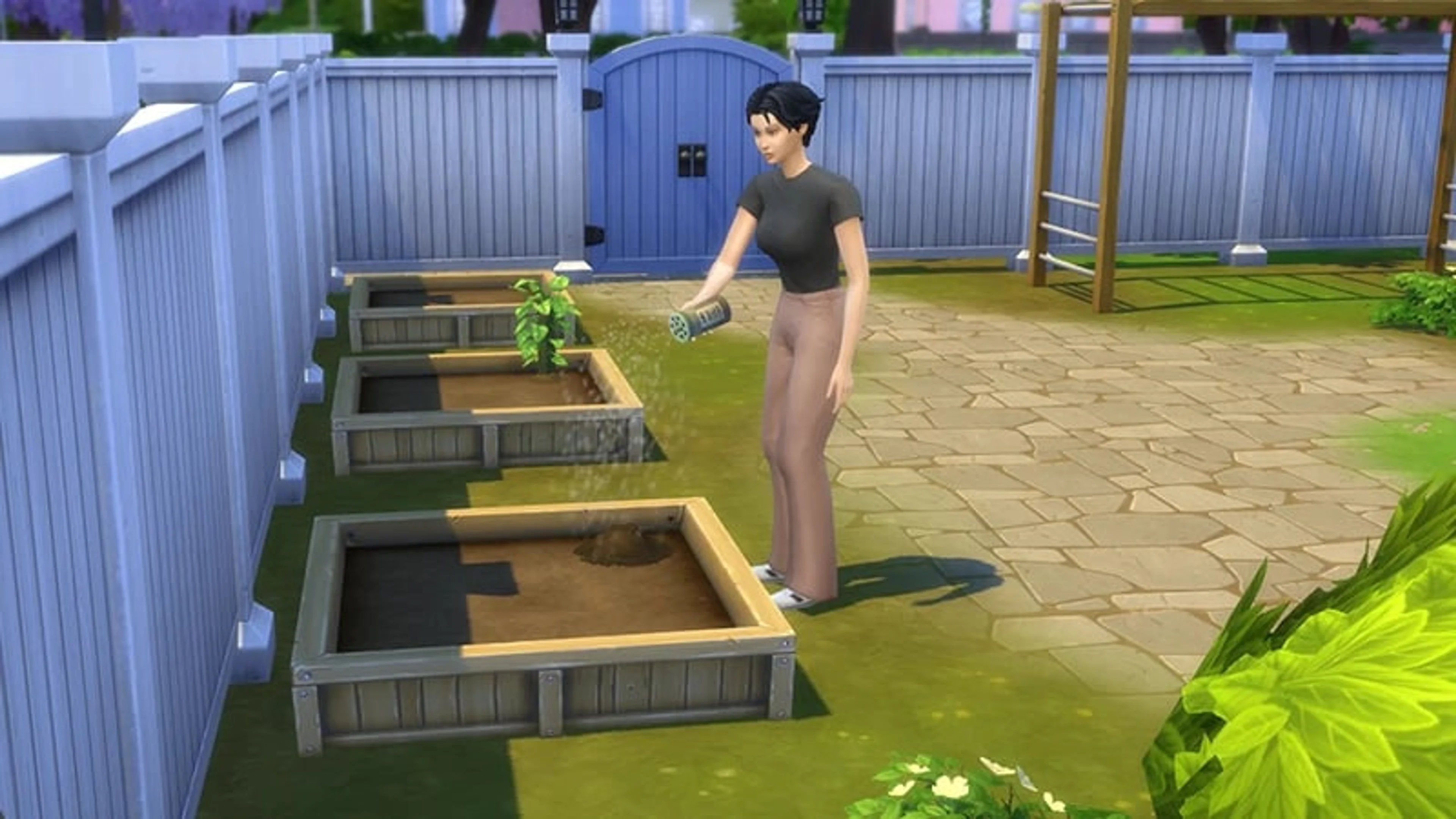 Official EA scene shows a planted soil mound in the front wooden planter, grown plants behind and a Sim beside the container.
