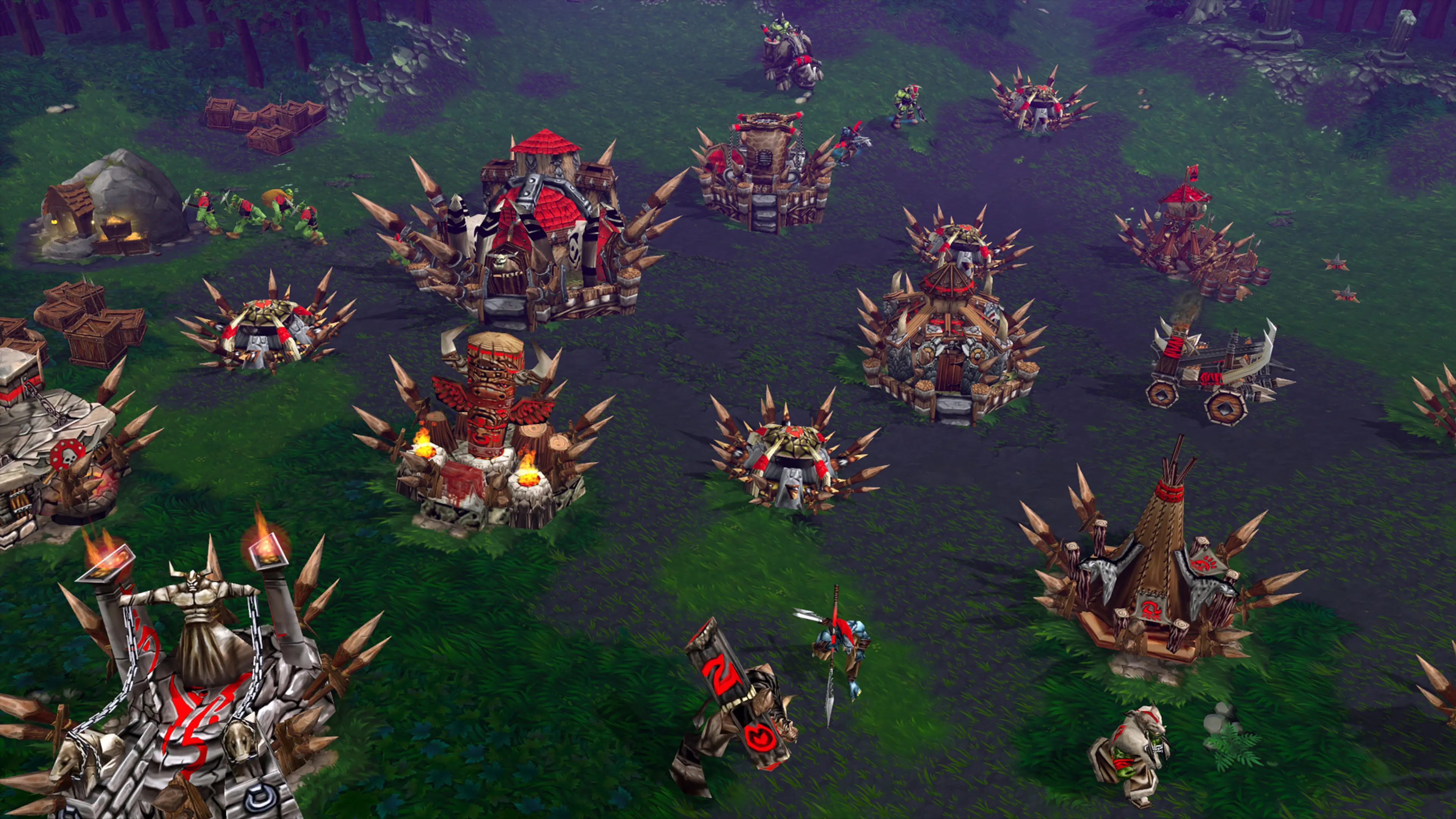 Orc buildings and units occupy a green battlefield in Warcraft III: Reforged.